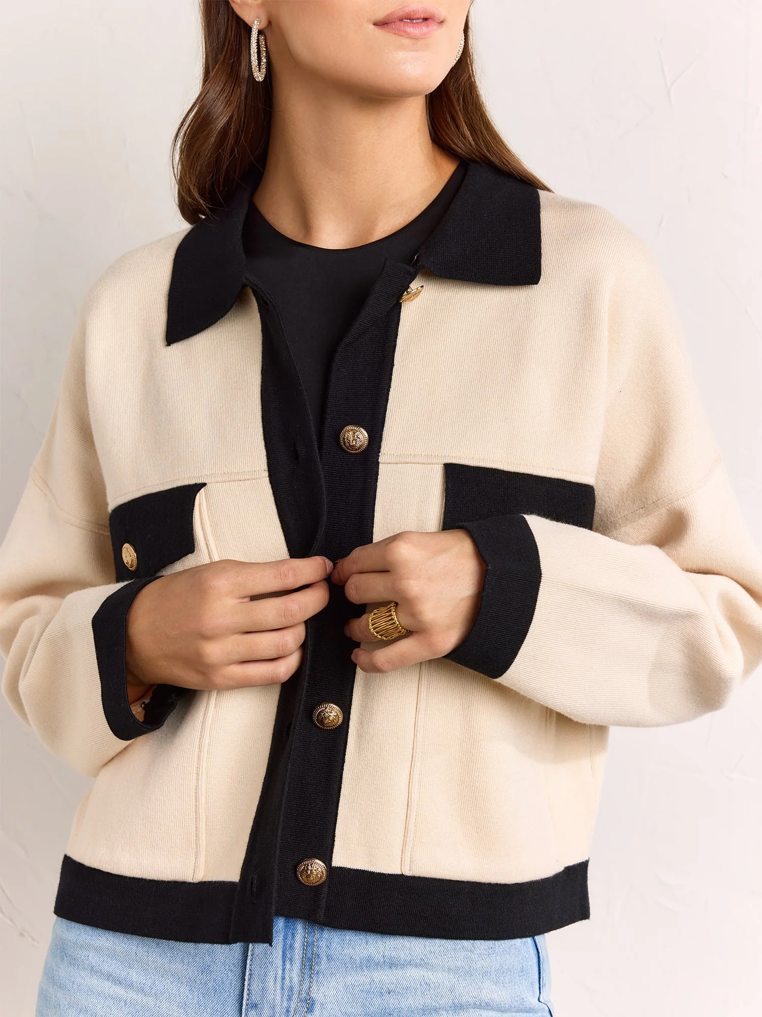 Aaron & Amber Collared Contrast Trim Knit Jacket - Brands We Love - Image 3