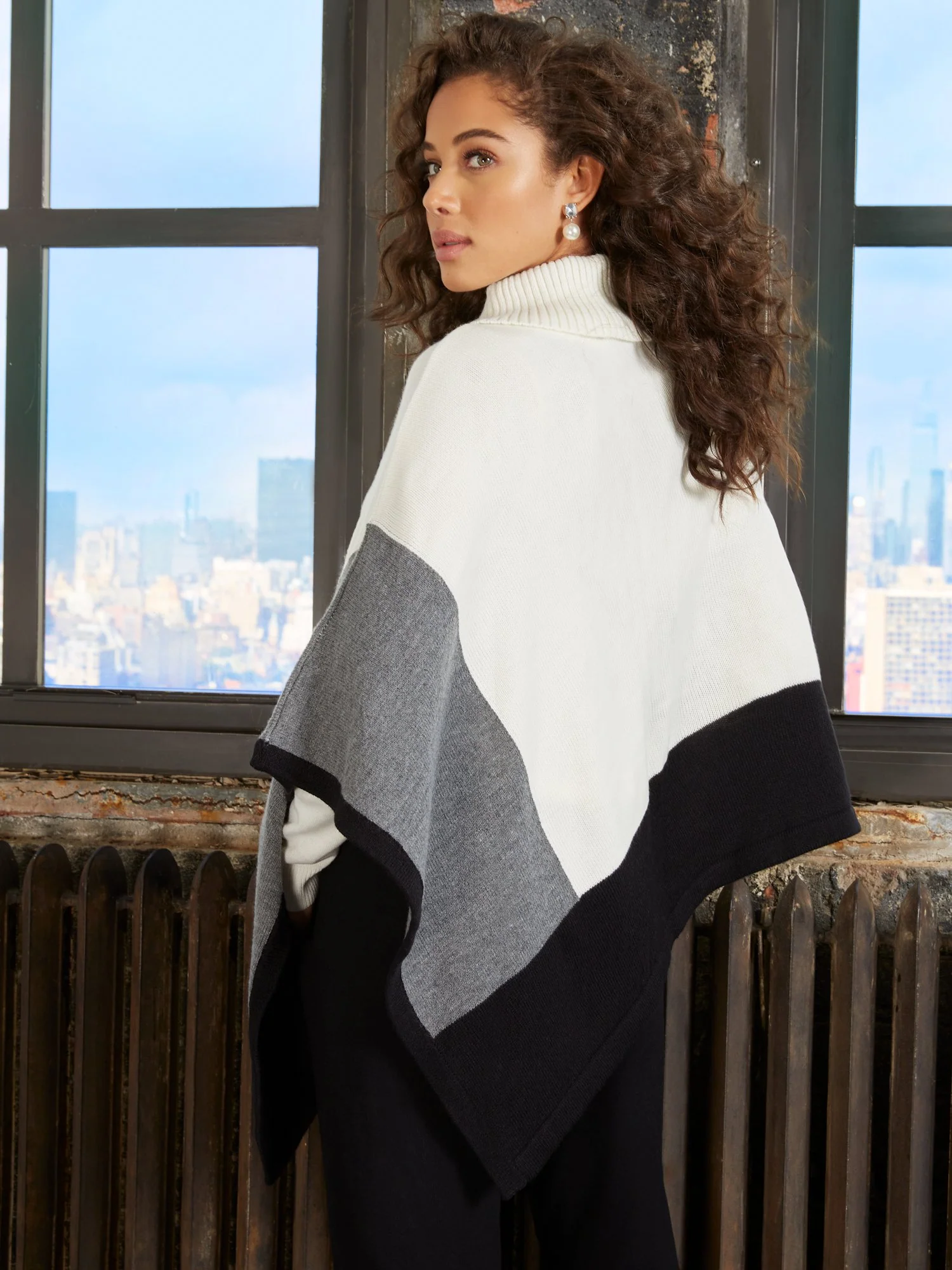 Colorblock Cable-Knit Button-Detail Cape - Image 3