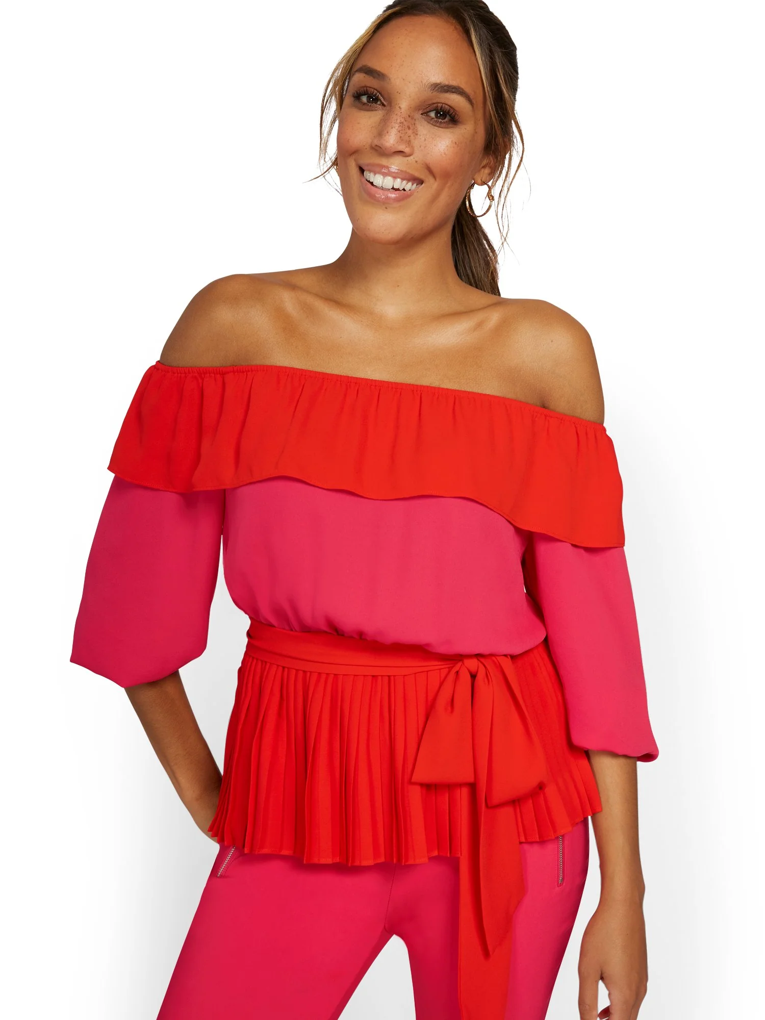 Colorblock Off-The-Shoulder Tie-Waist Blouse
