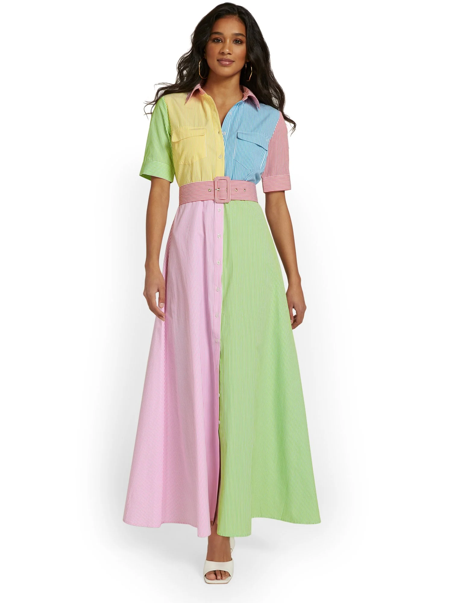 Colorblock Striped Poplin Maxi Shirtdress - Image 2