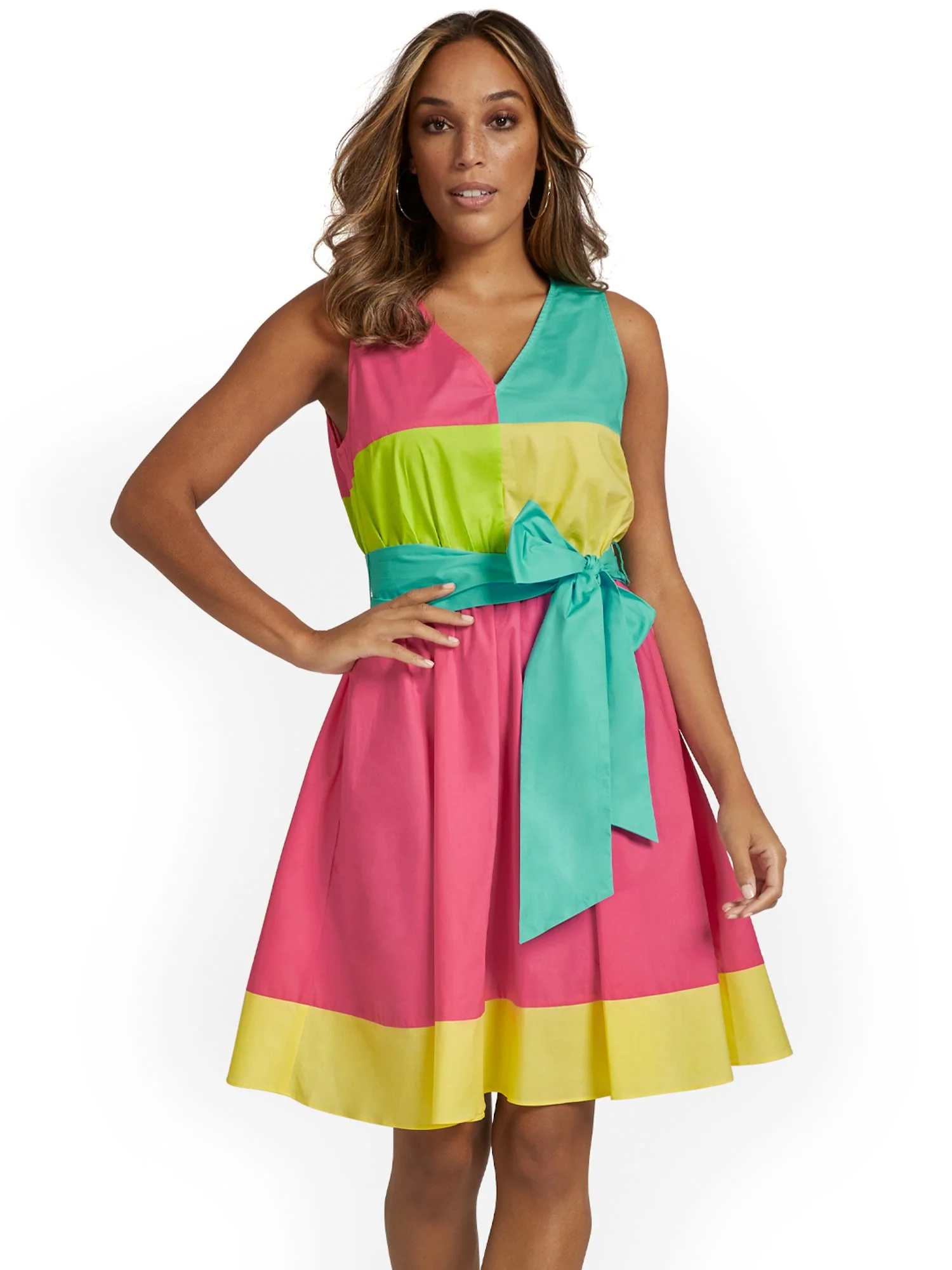 Colorblock Tie-Waist Flare Poplin Dress - Image 2