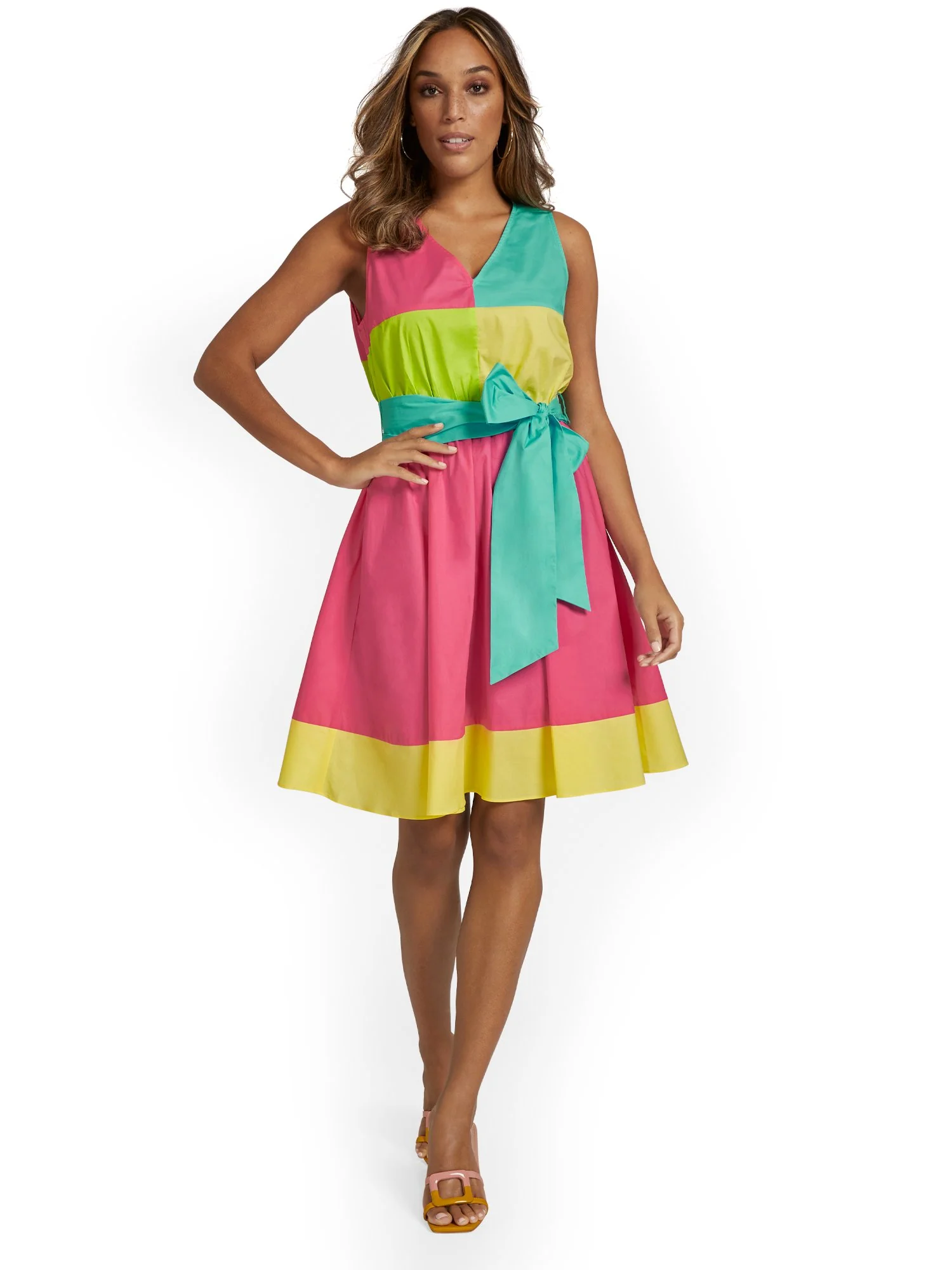 Colorblock Tie-Waist Flare Poplin Dress - Image 4