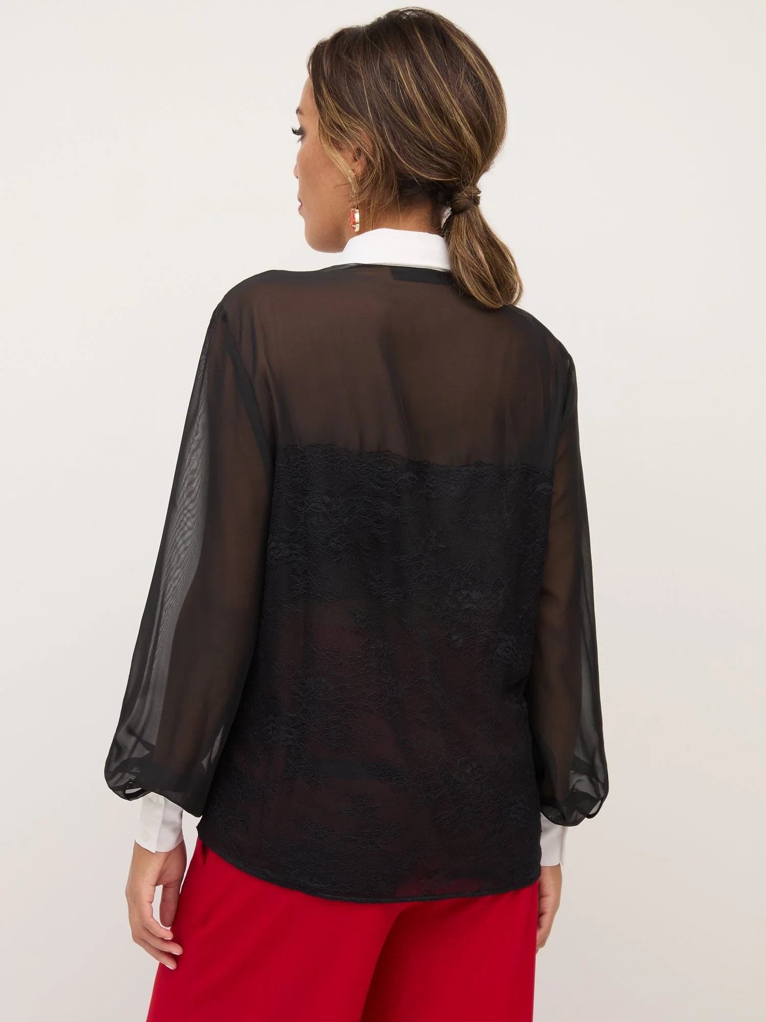 Contrast-Collar Mesh Button-Front Top - Image 3