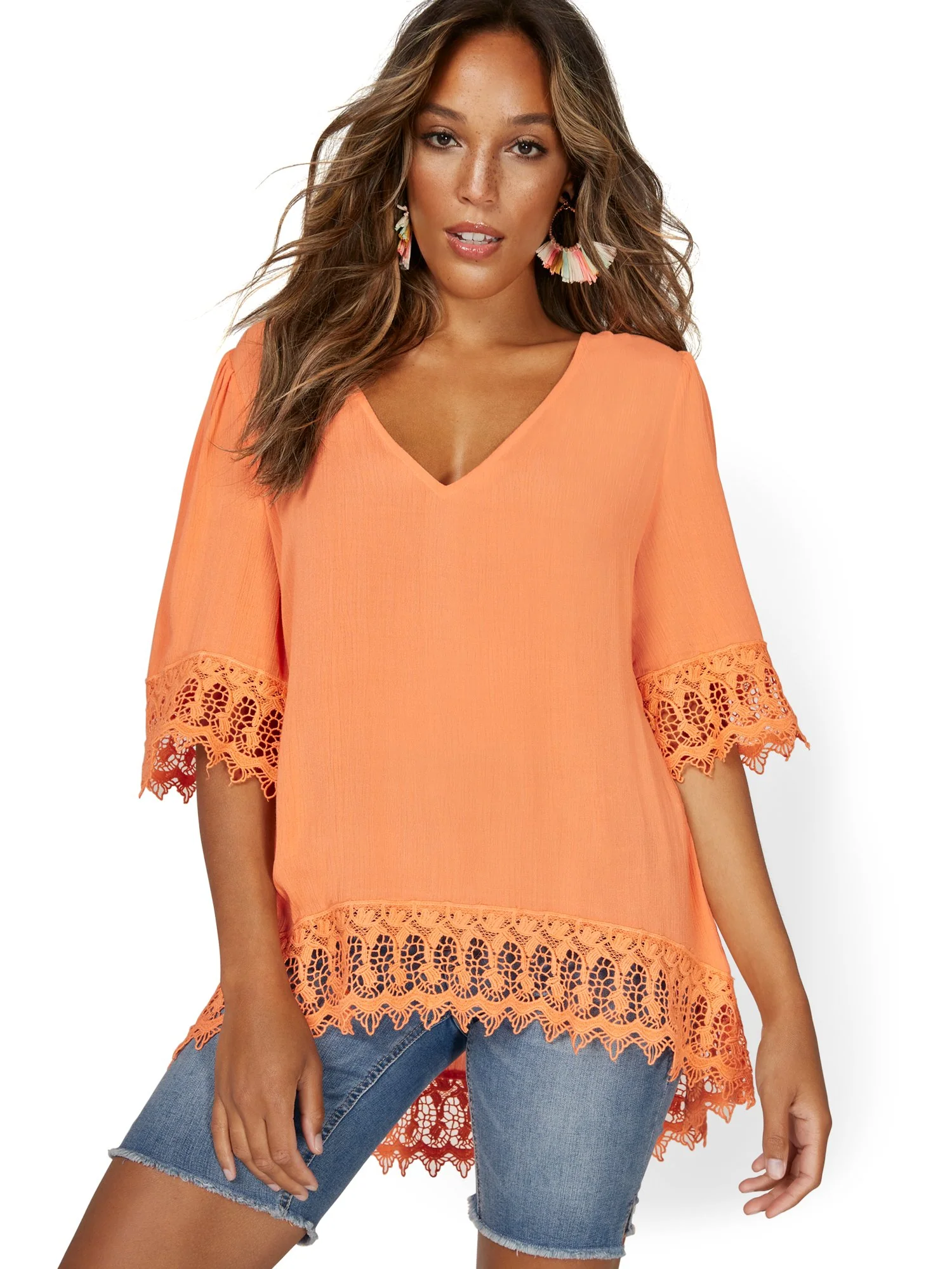 Crochet-Trim V-Neck Tunic Top - Lily & Cali - Image 13