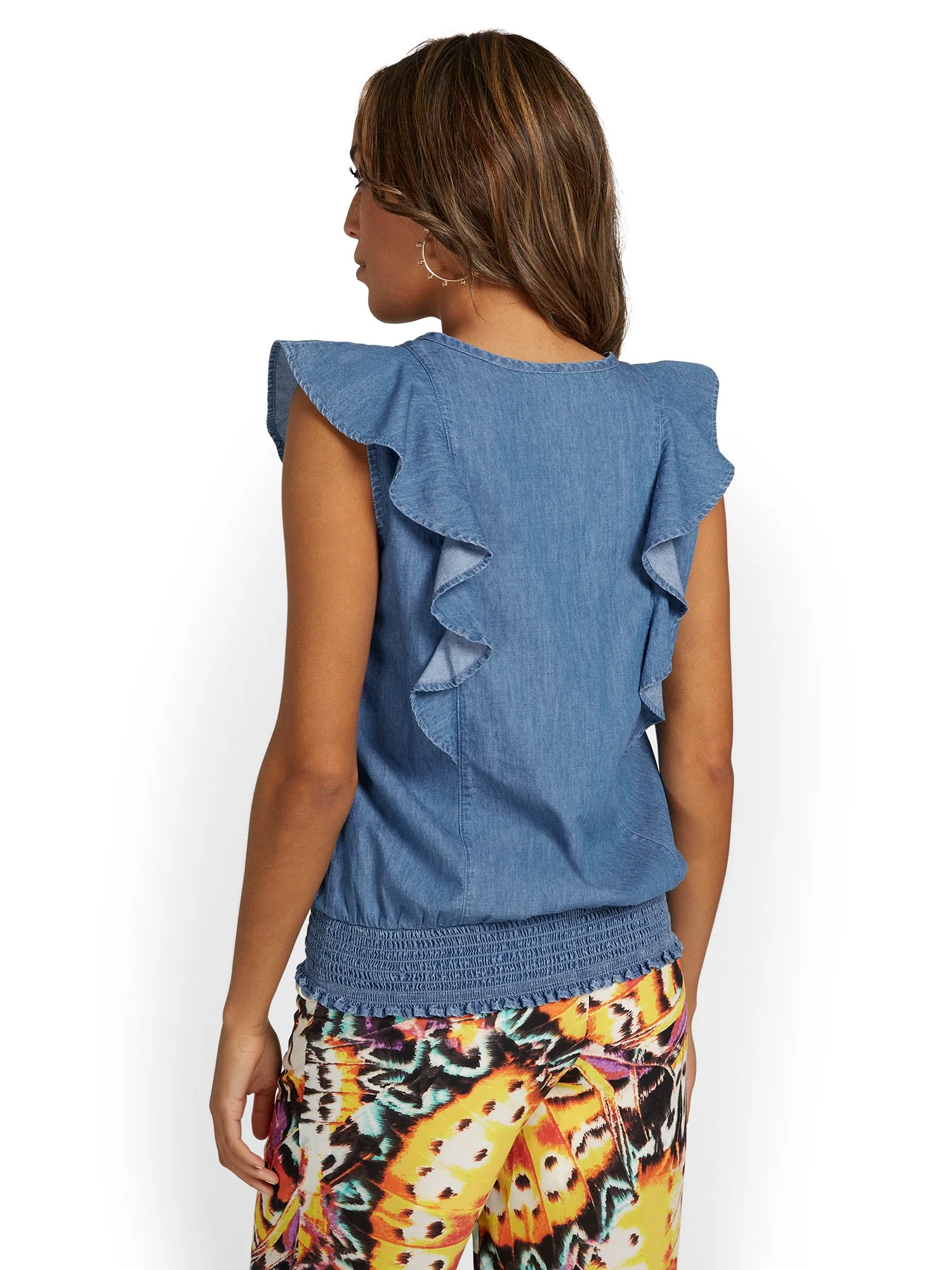 Denim Flutter-Sleeve Smocked Top - Image 3
