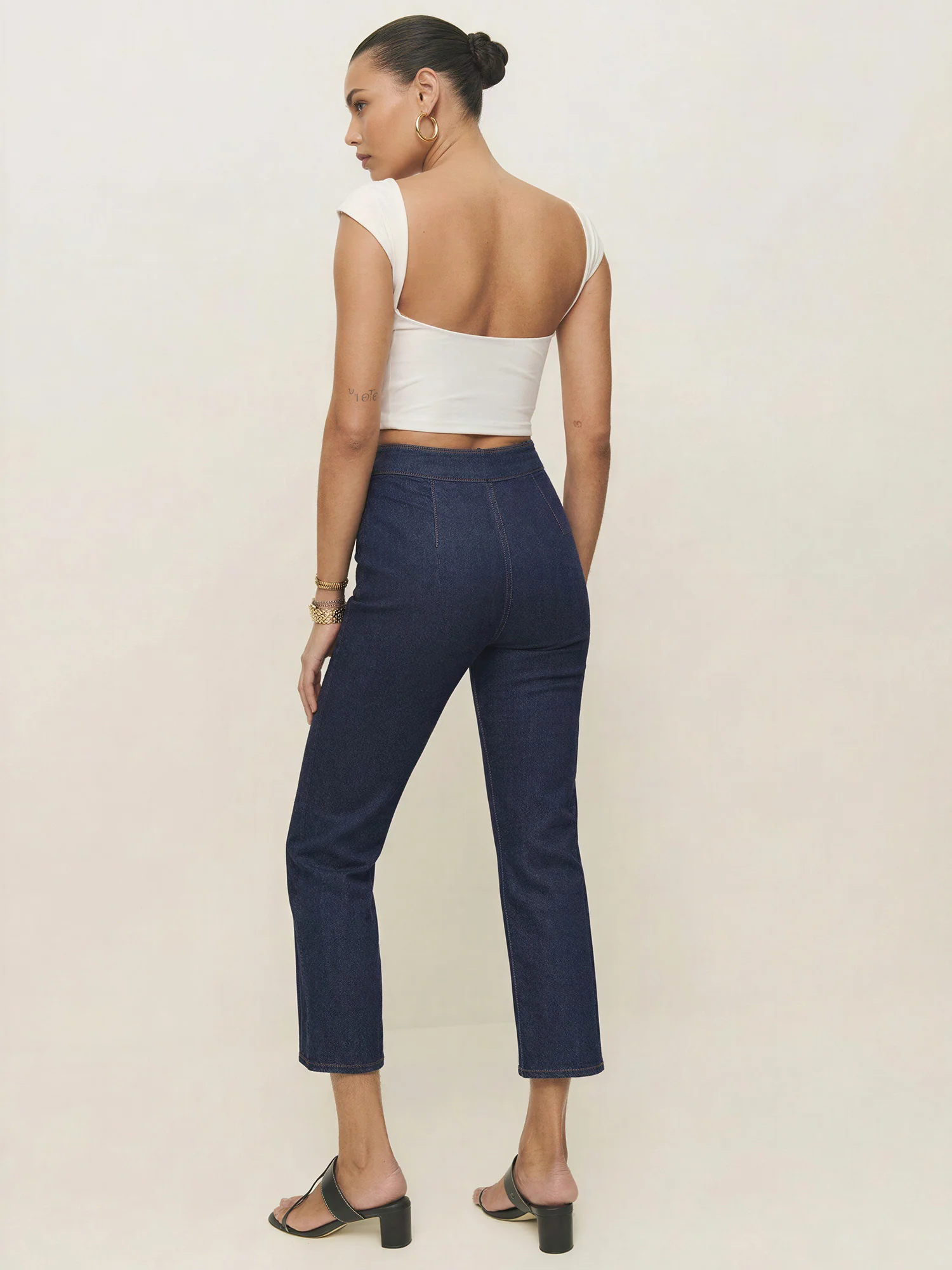 Denim Pin Tuck Front Ankle Flare Pants - Image 4