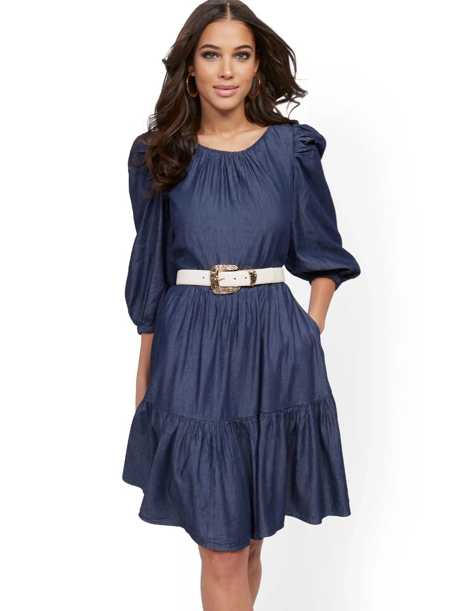 Denim Puff-Sleeve Fit and Flare Dress - Image 2