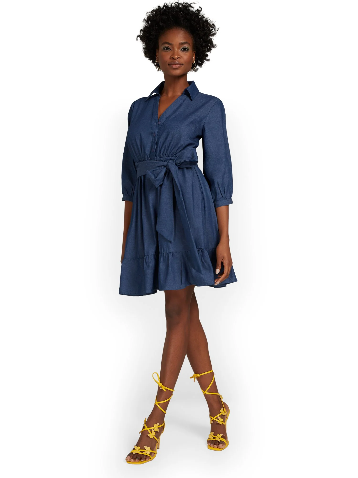 Denim Puff-Sleeve Tie-Waist Dress - Image 2