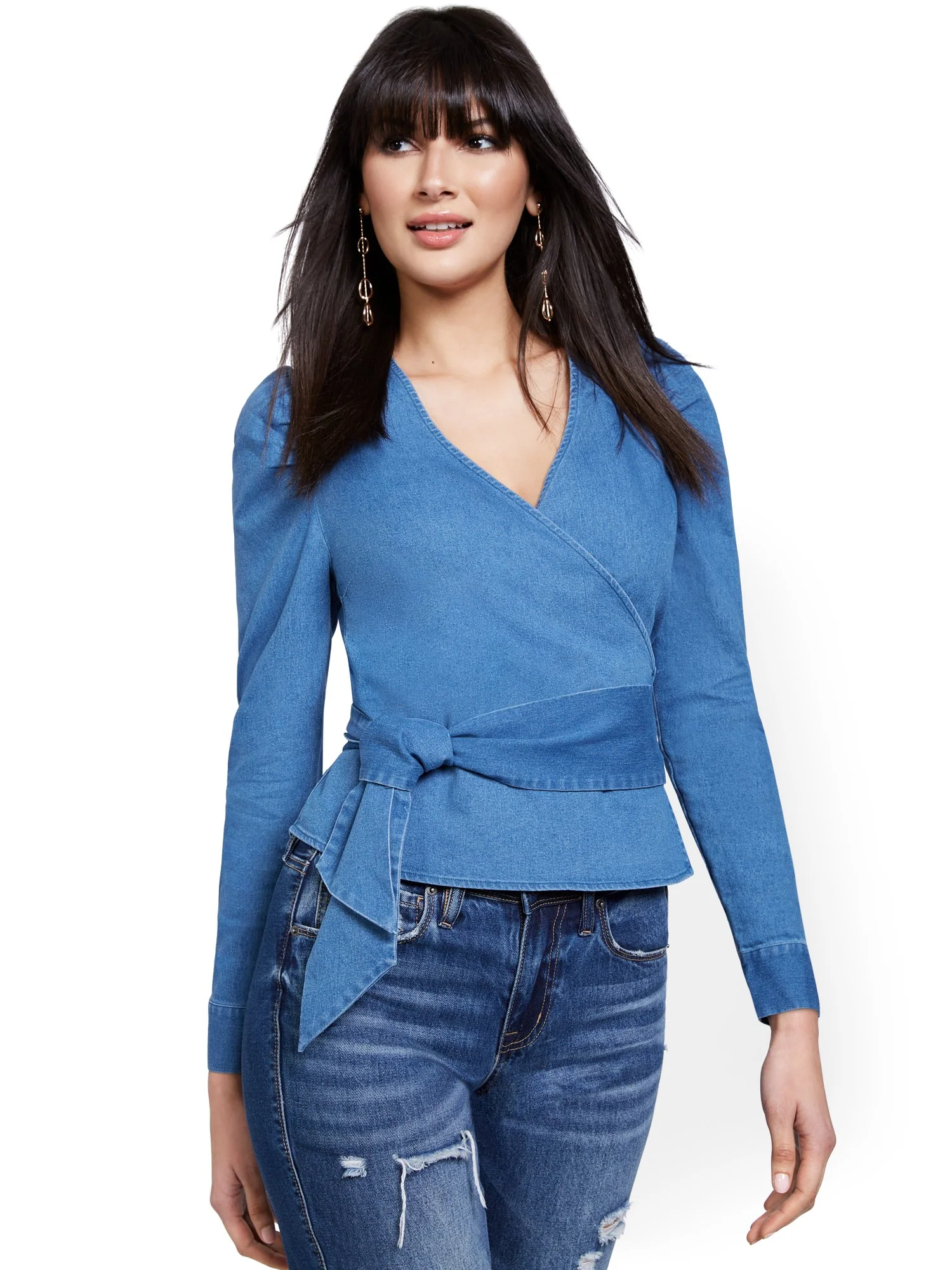 Denim Puff-Sleeve Wrap Top - Image 2