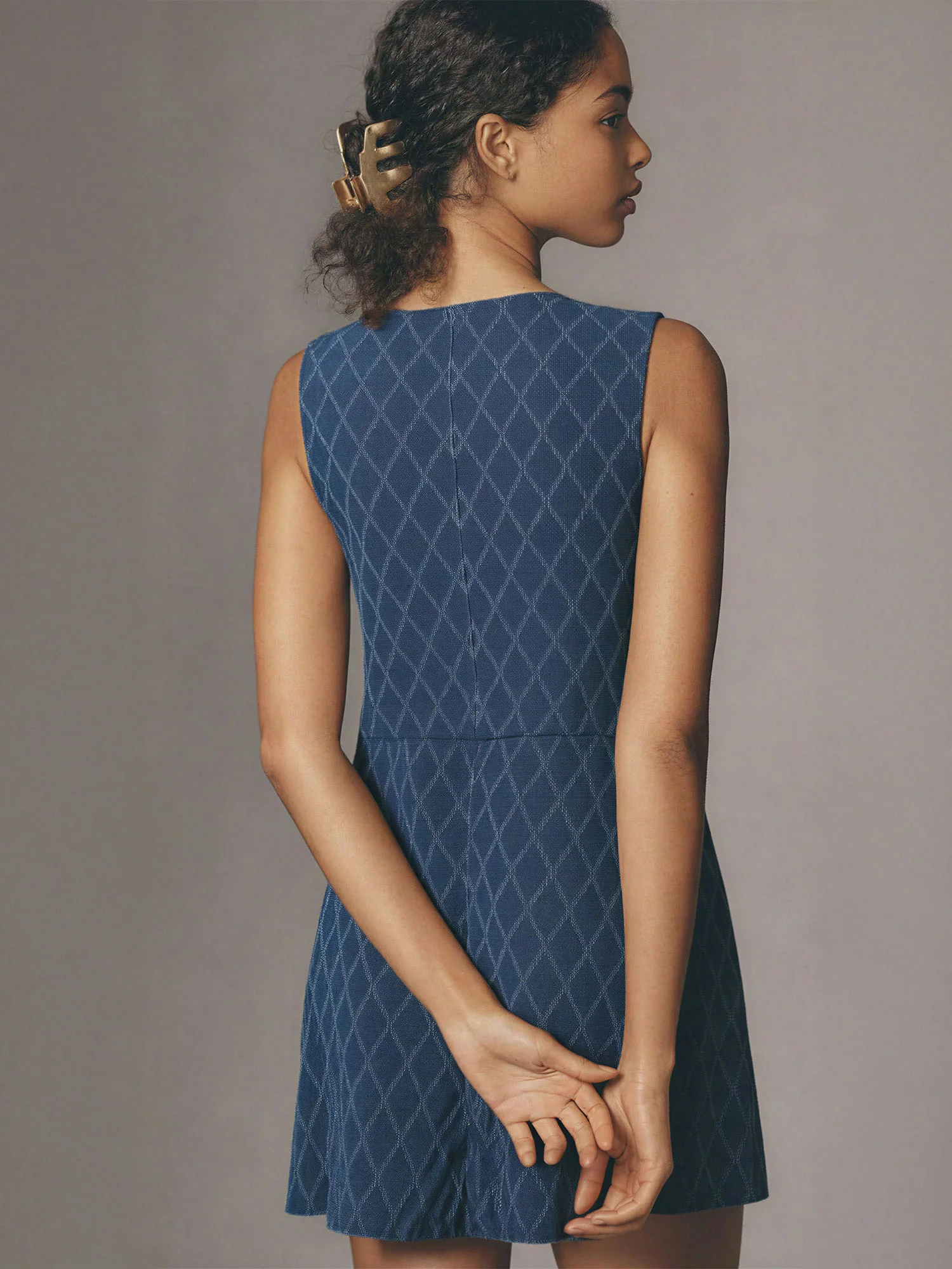 Denim Mini V-Neck Diamond Stitch Button Down Dress - Image 6