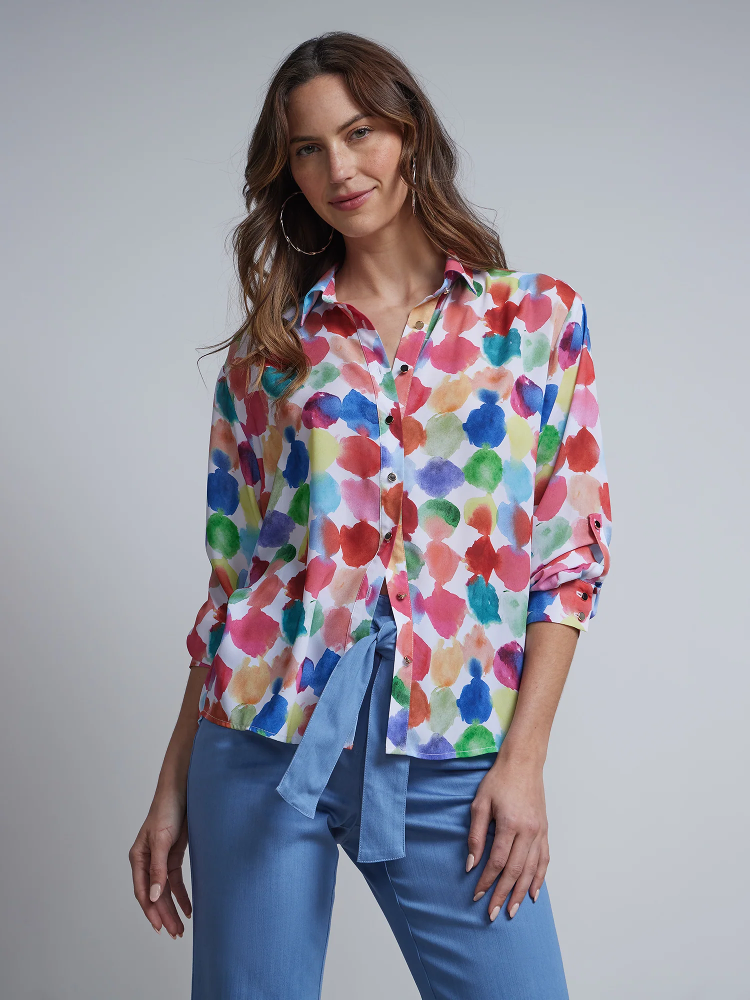 Dot-Print Button-Front Blouse