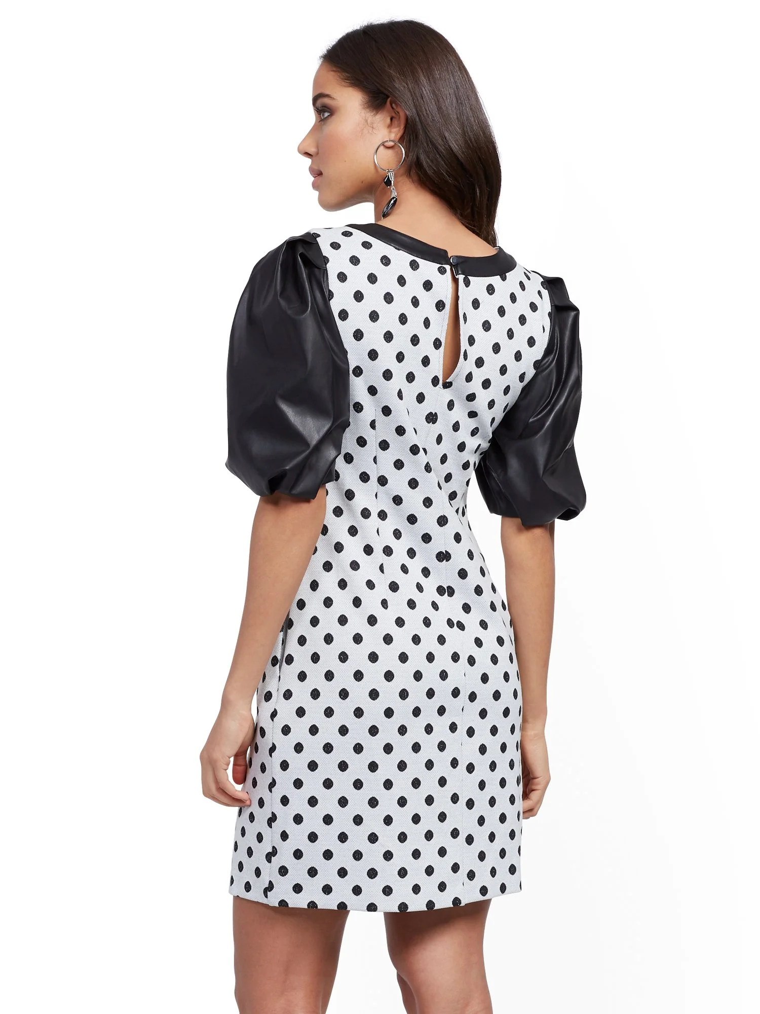 Dot-Print Faux Leather-Sleeve Shift Dress - Image 3
