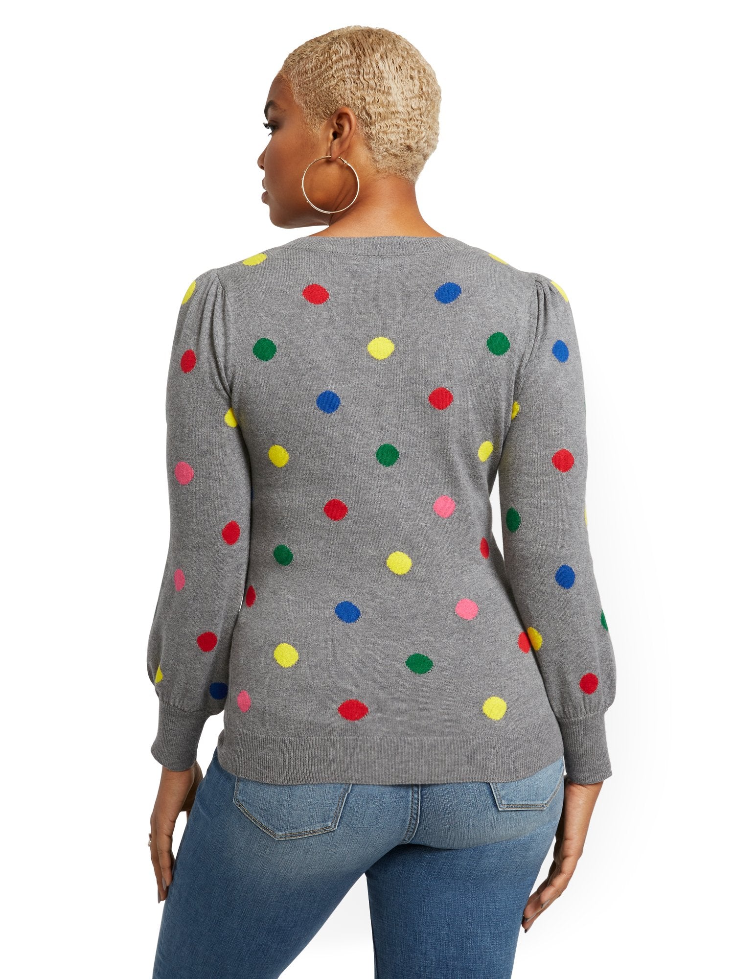 Dot-Print Puff-Sleeve Crewneck Sweater - Image 2