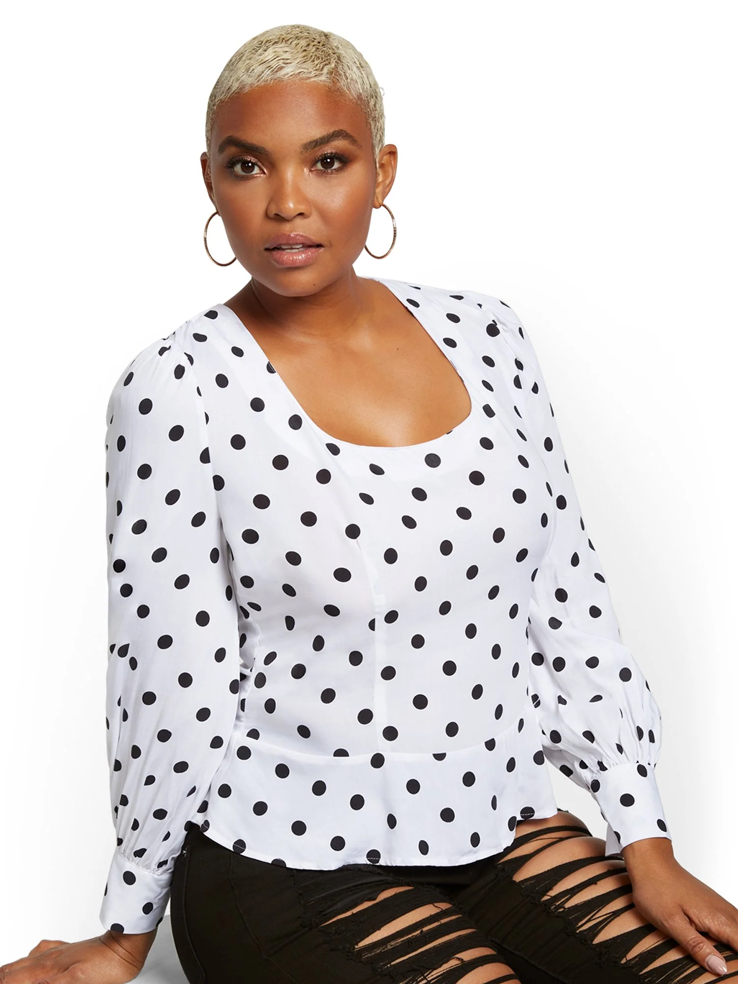 Dot-Print Puff-Sleeve Peplum Top - Image 3