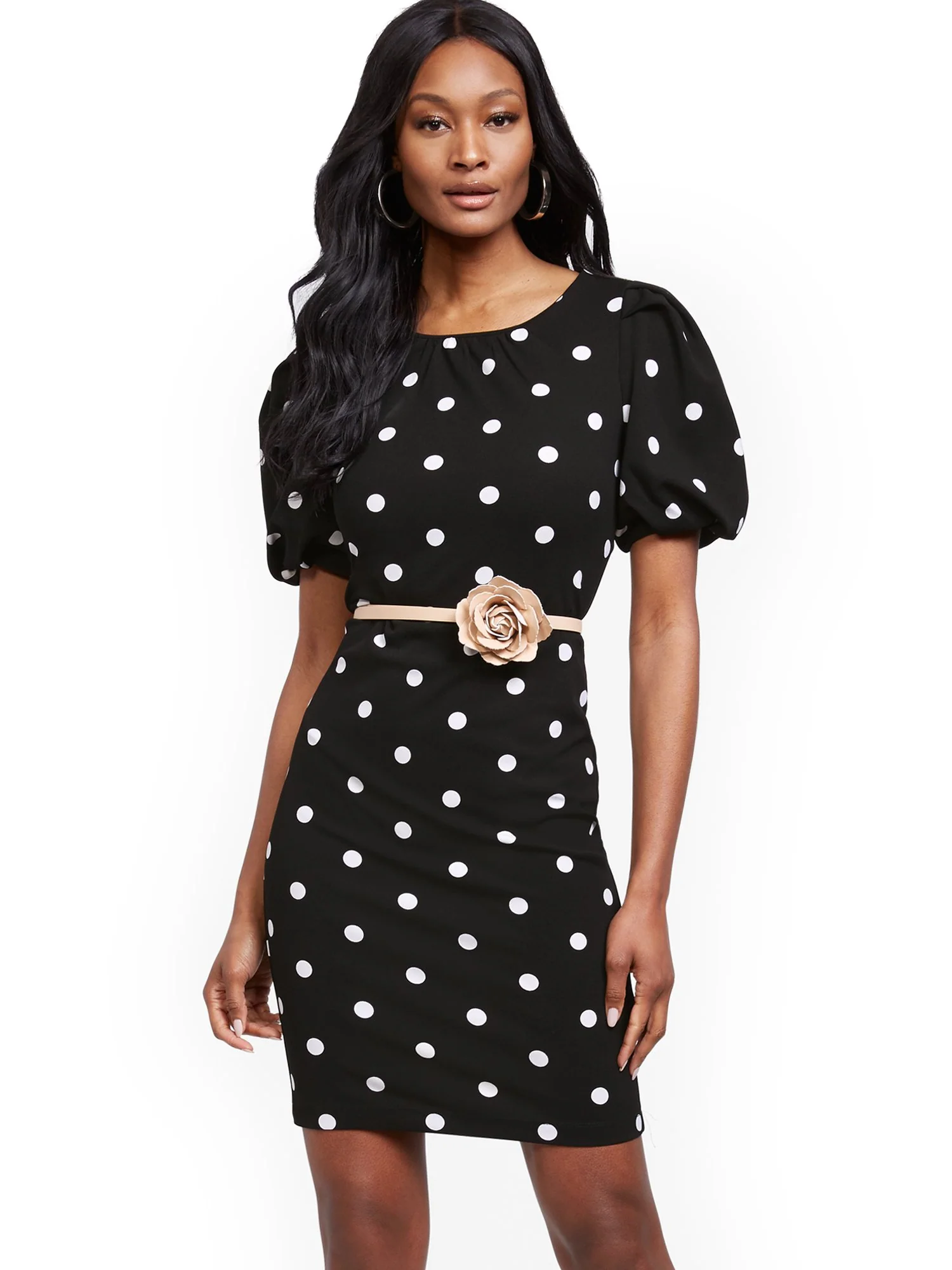 Dot-Print Puff-Sleeve Sheath Dress - Image 2