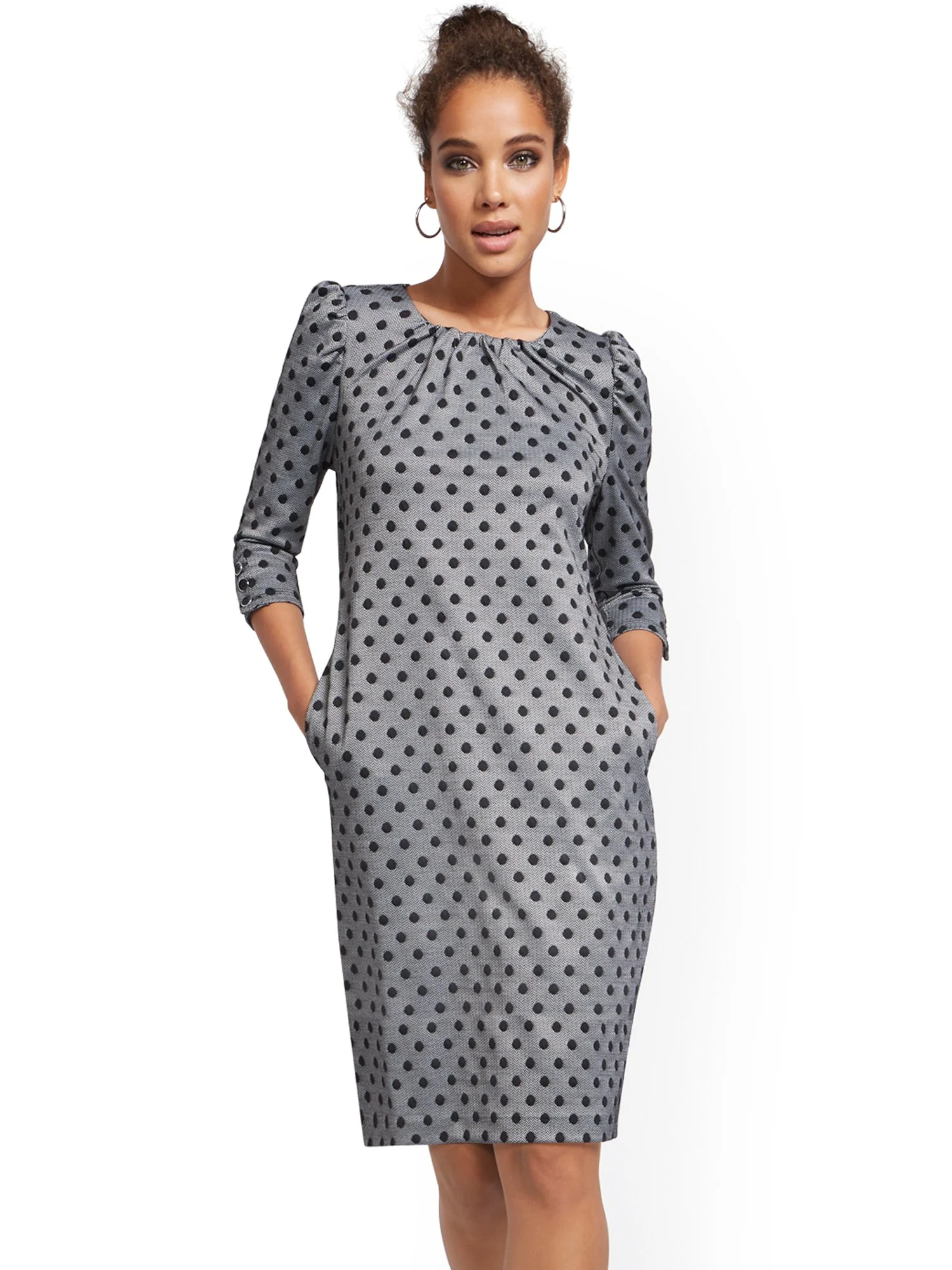 Dot-Print Puff-Sleeve Shift Dress - Superflex
