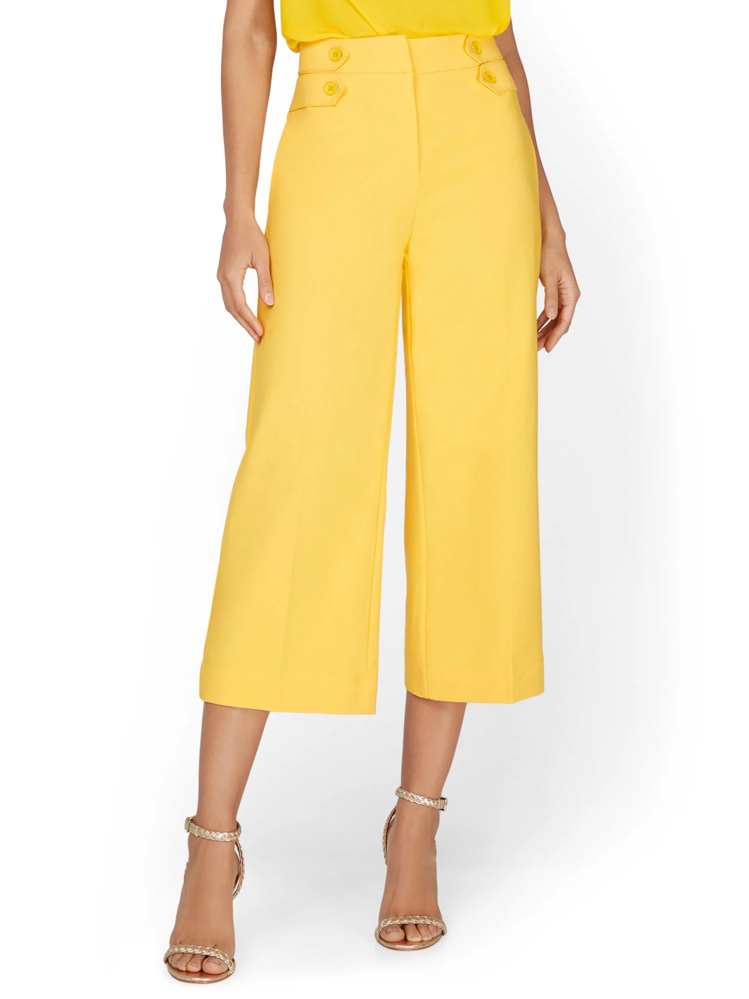 Double-Button High-Waisted Wide-Leg Capri Pant - 7th Avenue