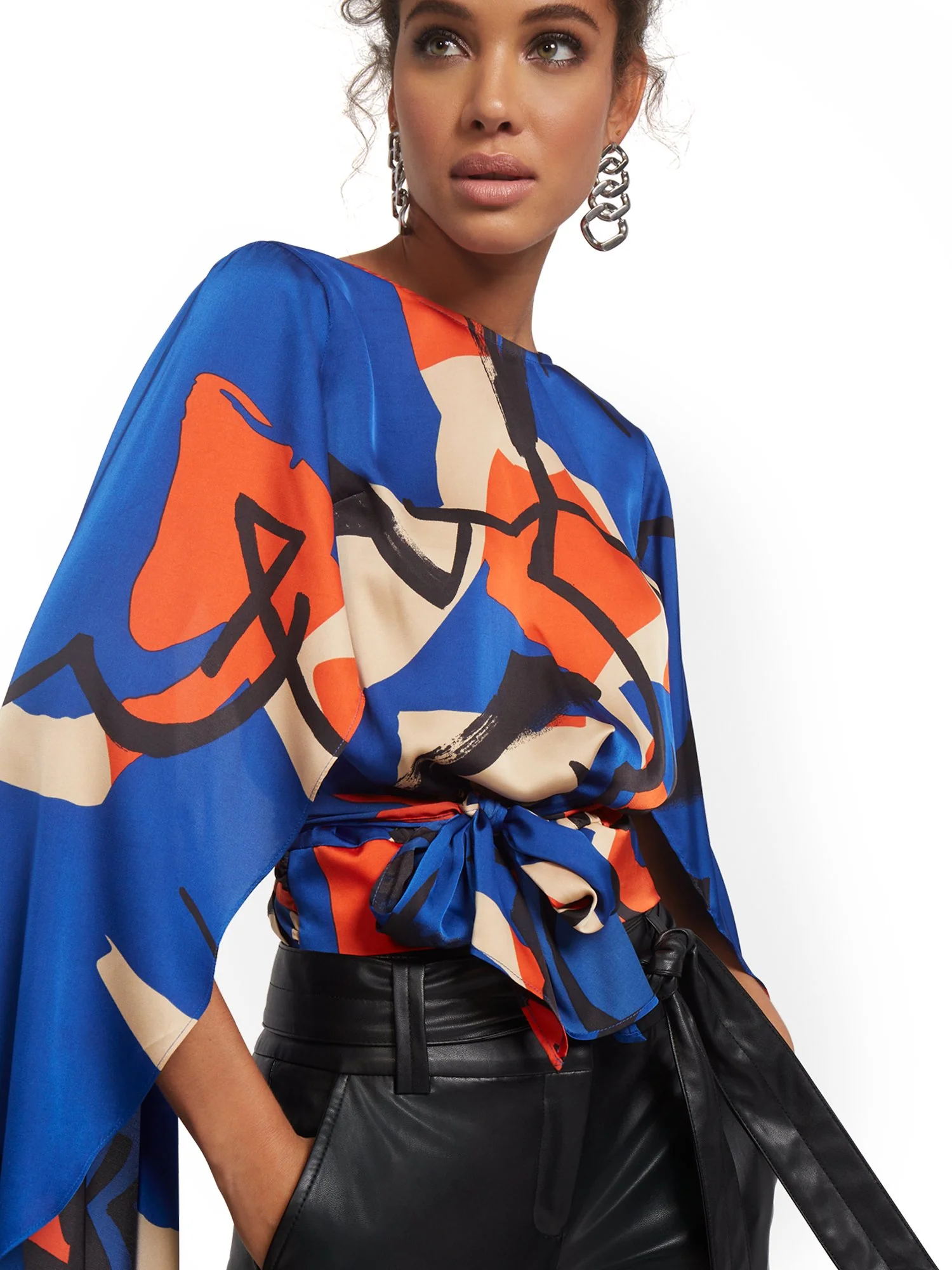 Drama-Sleeve Abstract Print Top - Image 4