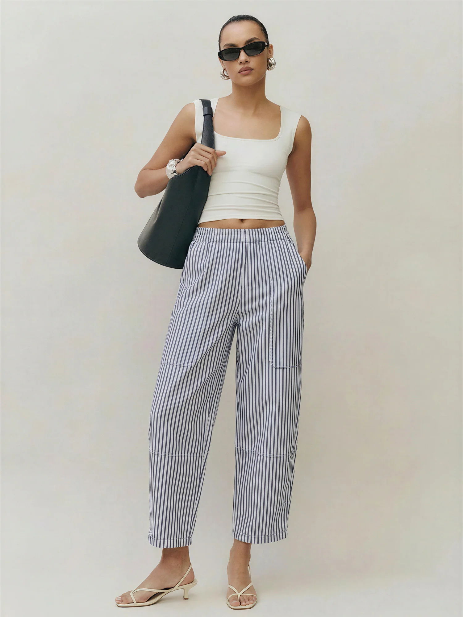 Elastic Striped Pull On Barrel Leg Pants