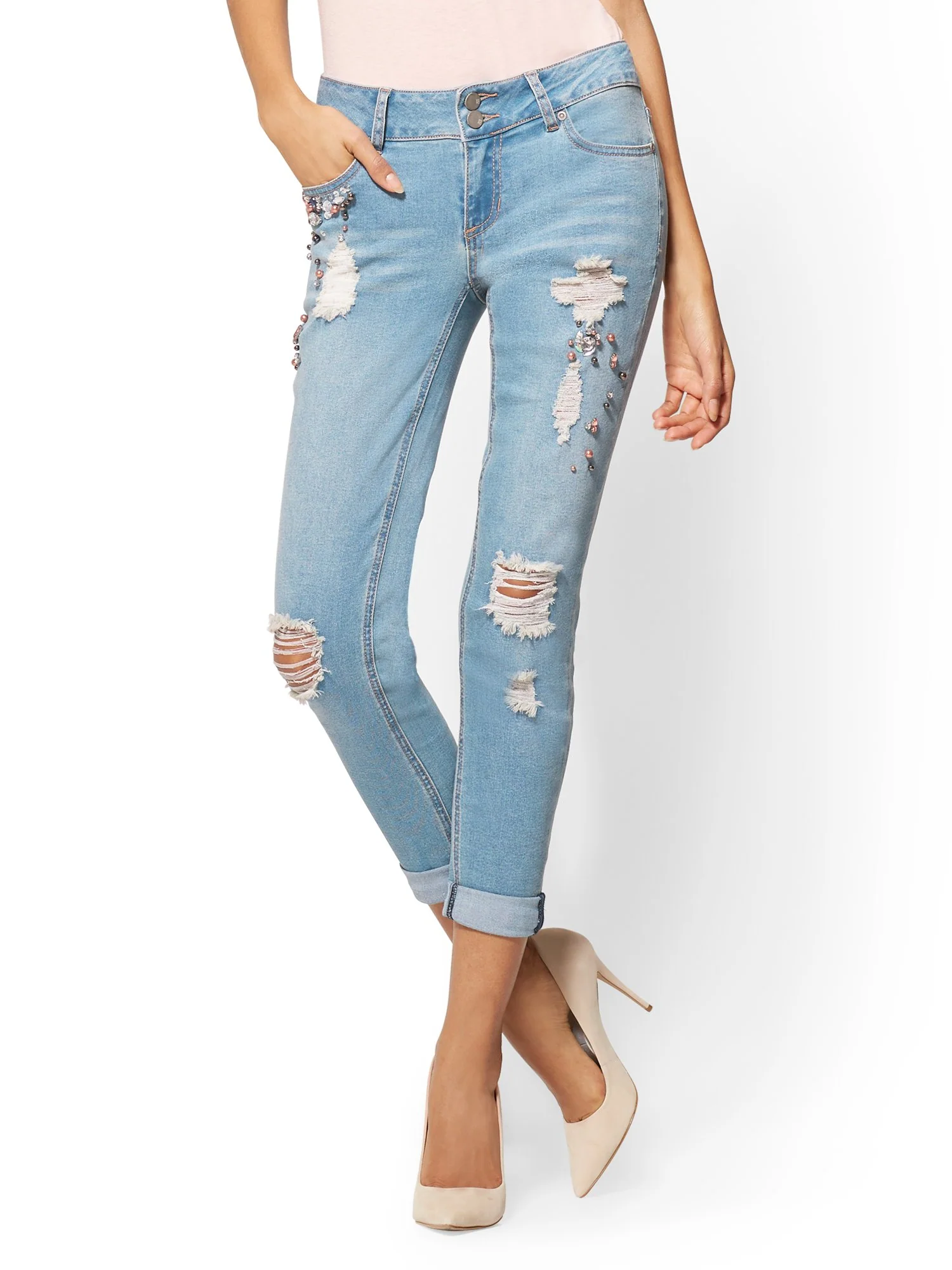 Embellished Destroyed Boyfriend Jeans - Medium Blue - Image 2