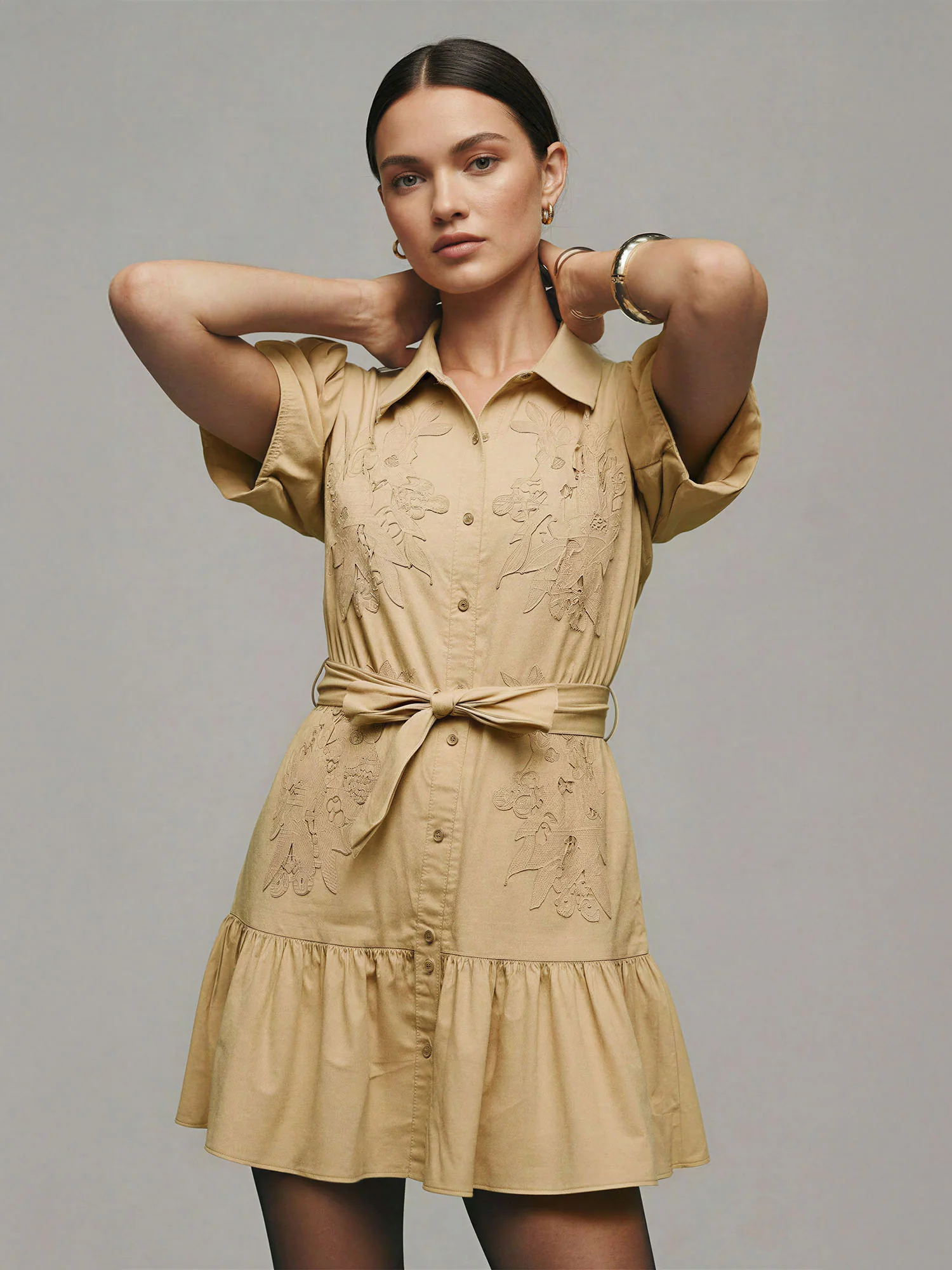 Emboridered Collar Button Down Self Band W/Dress - Image 3