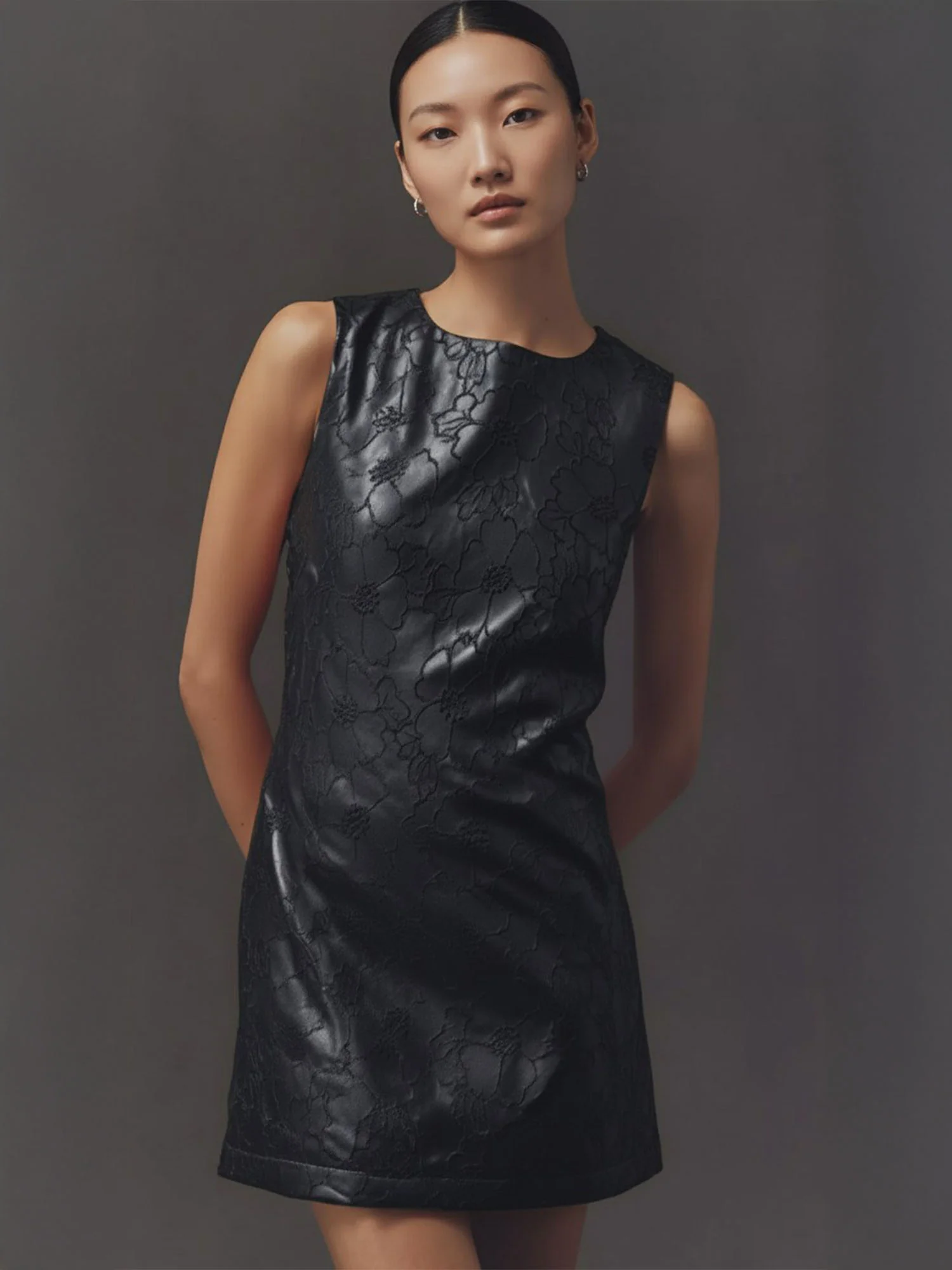 Embroidered Vegan Leather Sleeveless Mini Dress