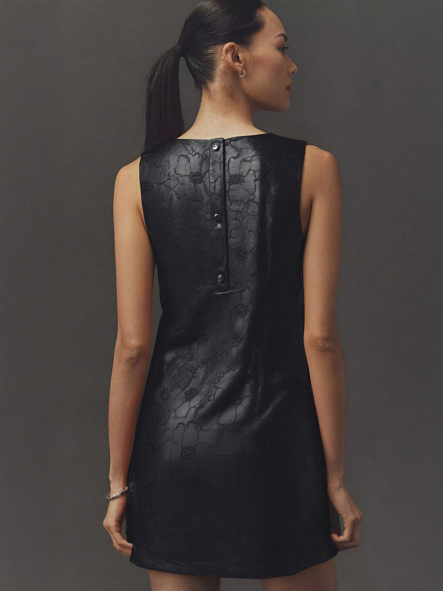 Embroidered Vegan Leather Sleeveless Mini Dress - Image 3