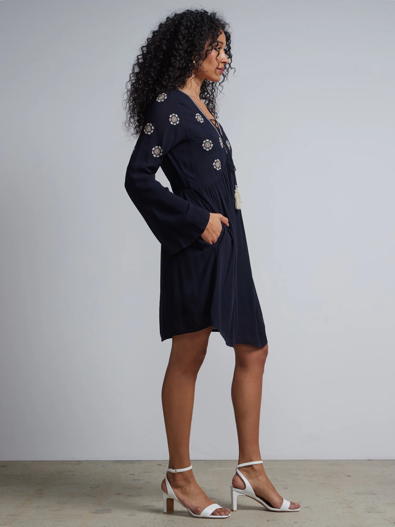 Embroidered Lace-Front Bell-Sleeve Dress - Image 2