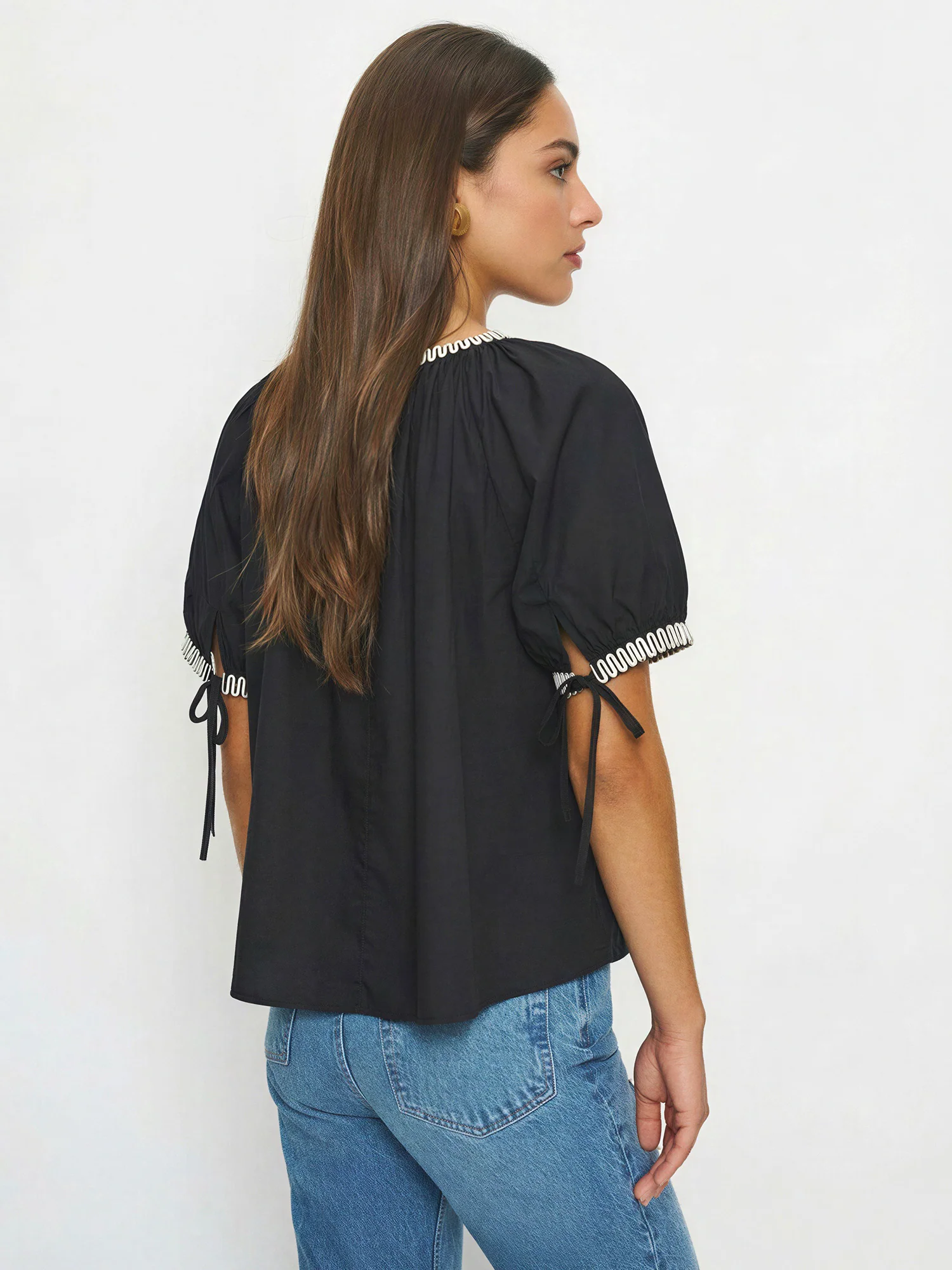 Embroidered Neck Sleeve Bow Detail Top - Image 3