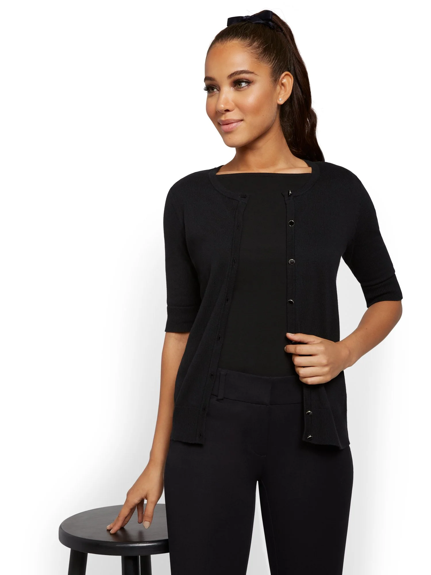 Enamel-Button Chelsea Crewneck Cardigan - 7th Avenue