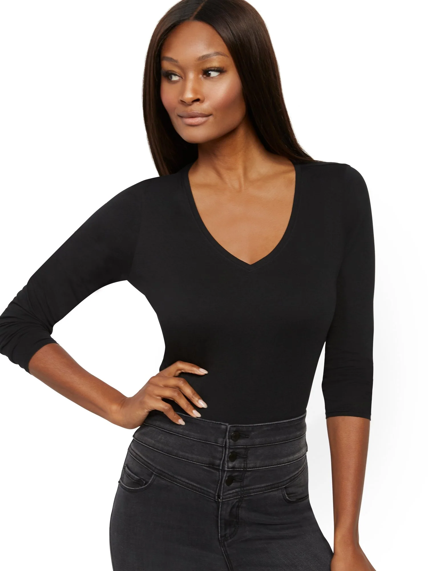 Essential Cotton V-Neck Long-Sleeve Tee - Image 3