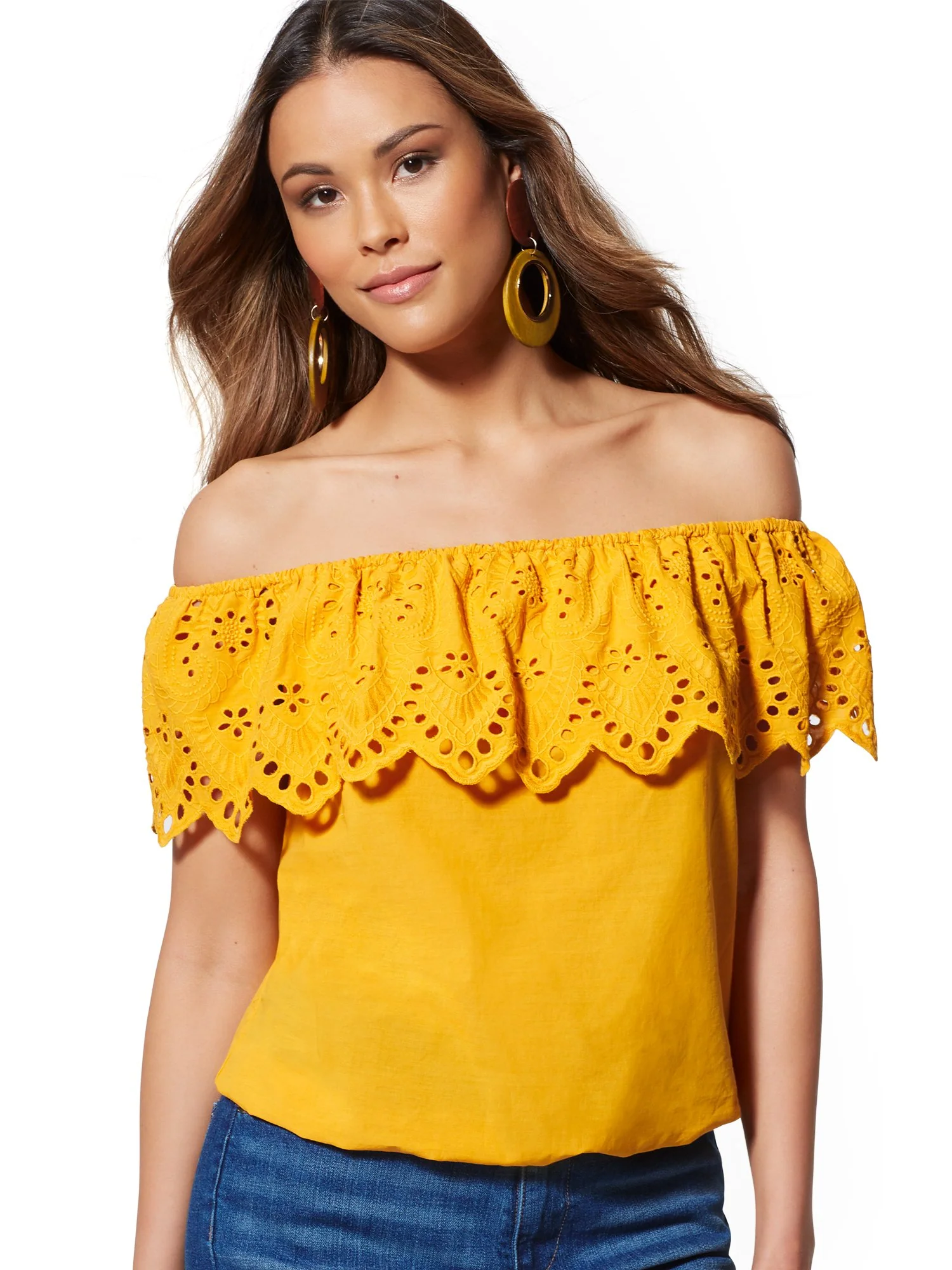 Eyelet-Overlay Off-The-Shoulder Blouse - Image 5