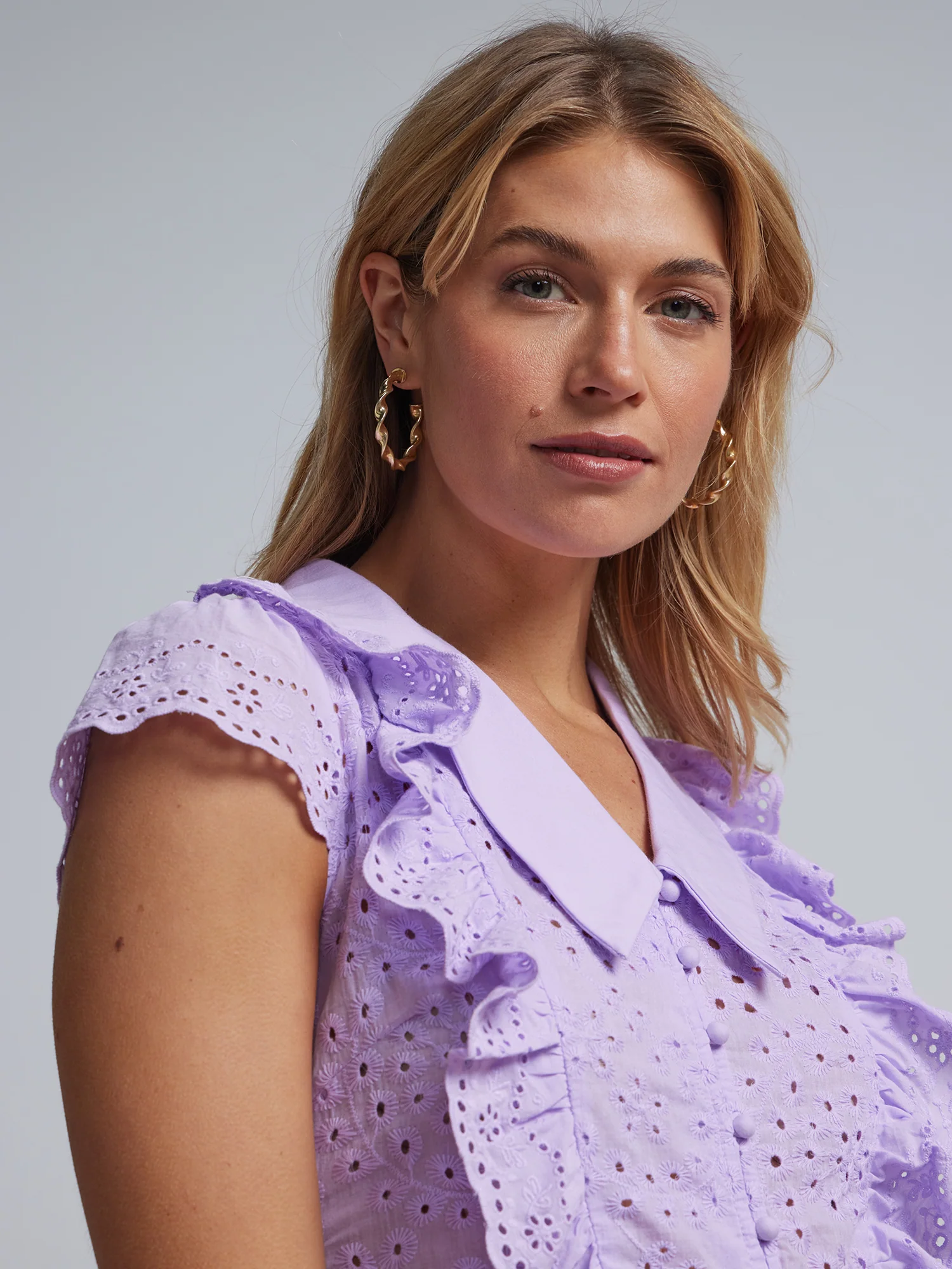 Eyelet Ruffle-Front Tie-Neck Blouse - Image 4
