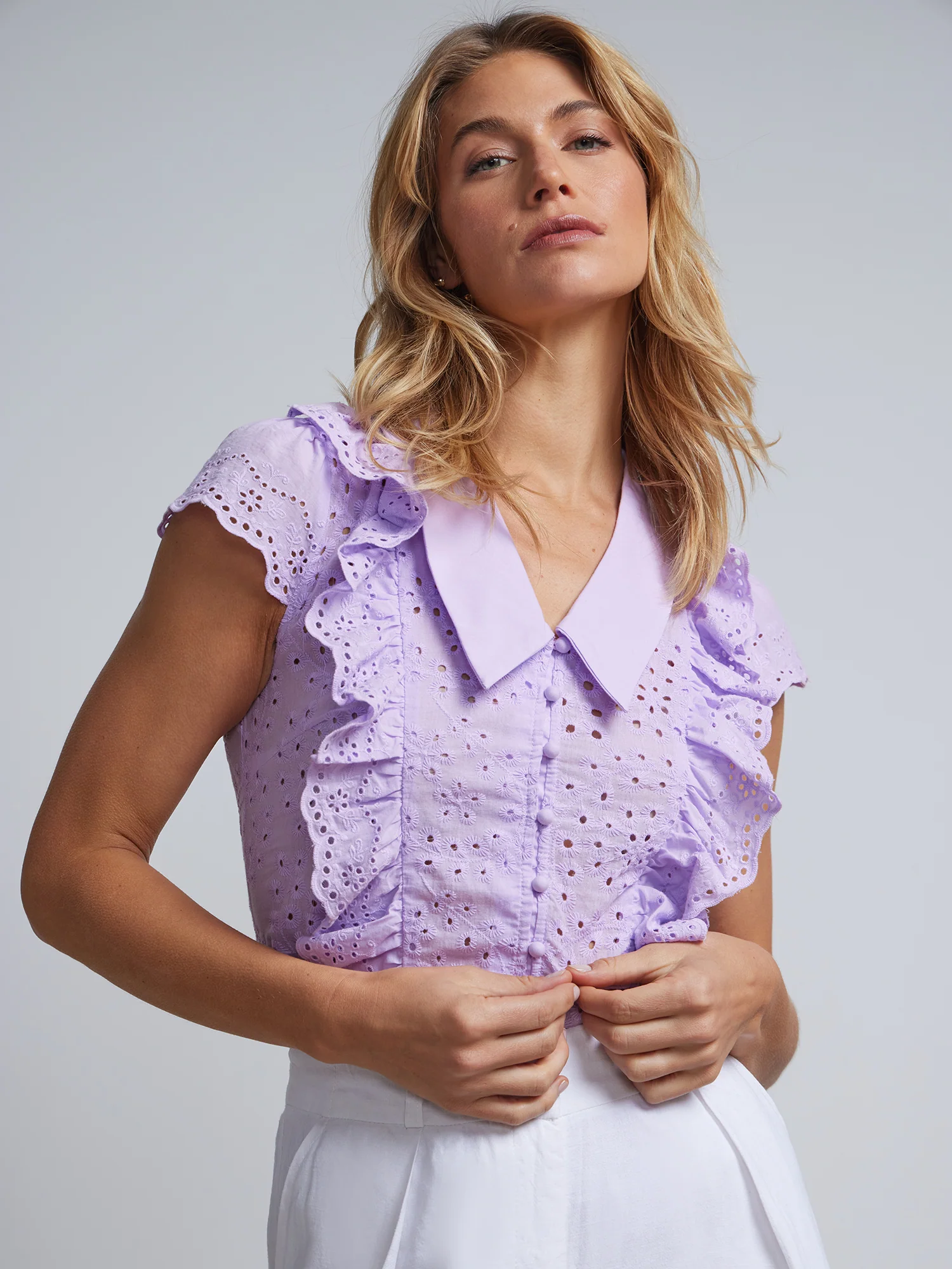 Eyelet Ruffle-Front Tie-Neck Blouse - Image 5
