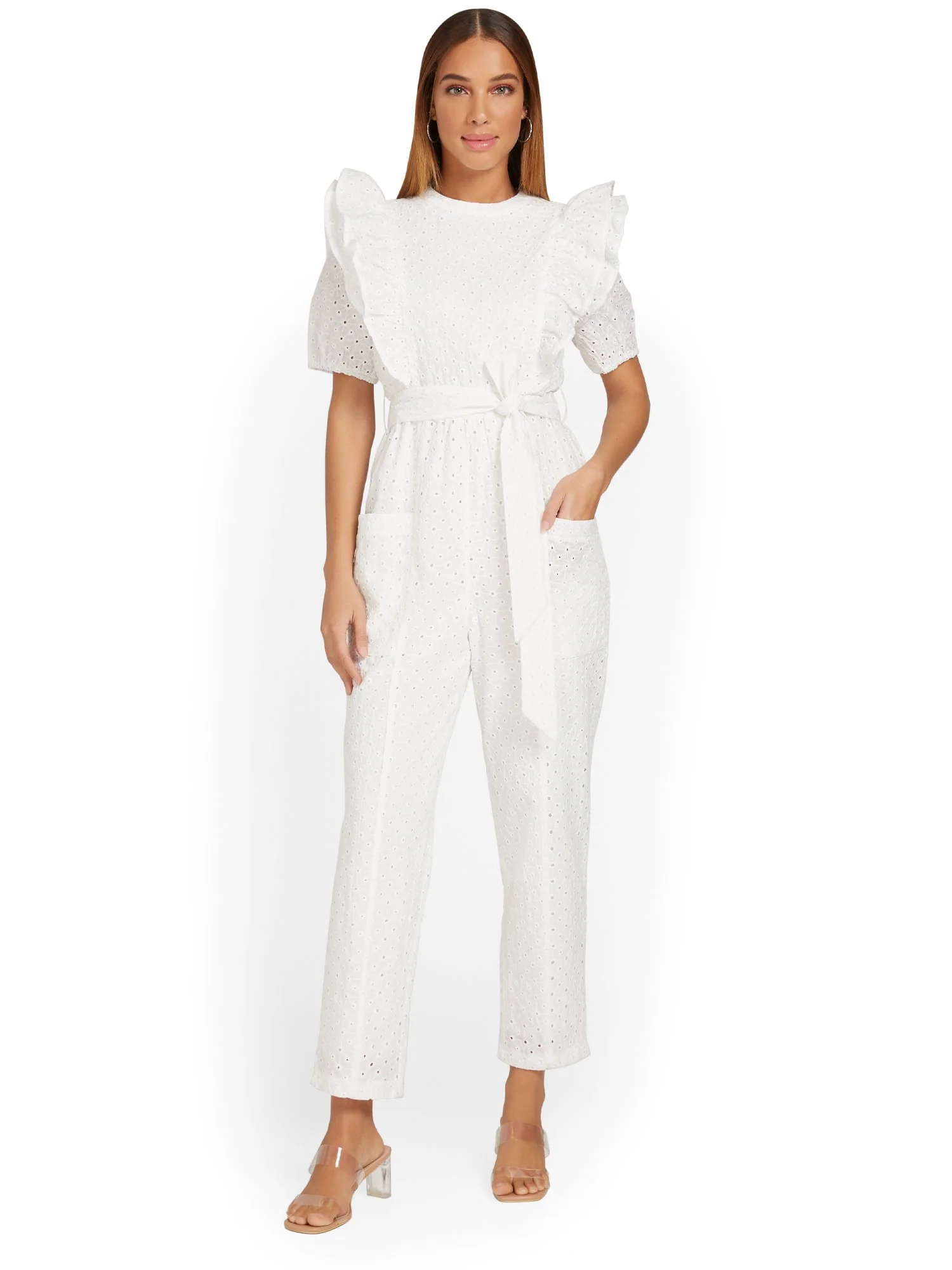 Just Me Eyelet Ruffle-Shoulder Jumpsuit - Brands We Love