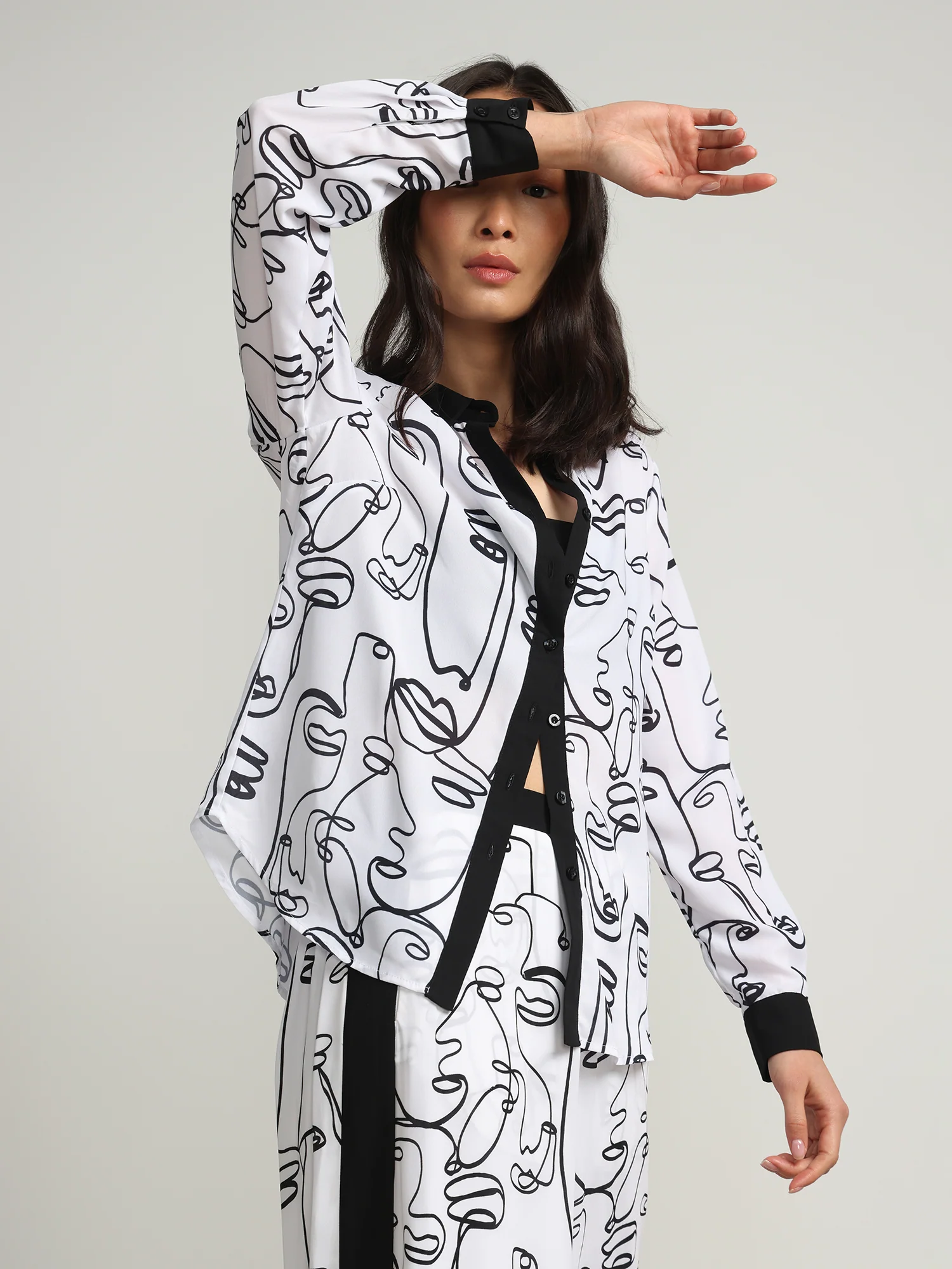 Face-Print Button-Front Blouse