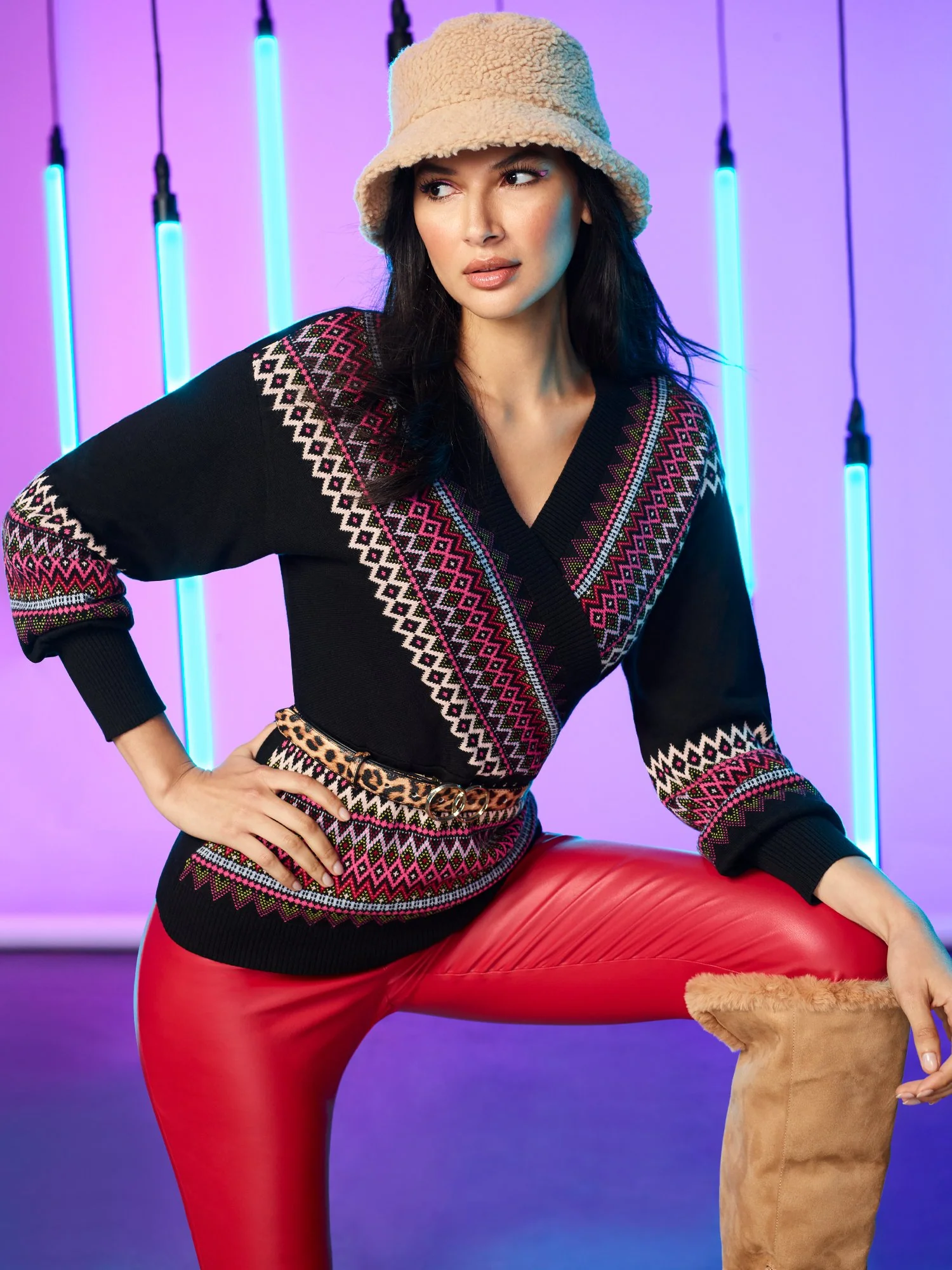 Fair Isle Wrap-Front V-Neck Sweater - Image 3