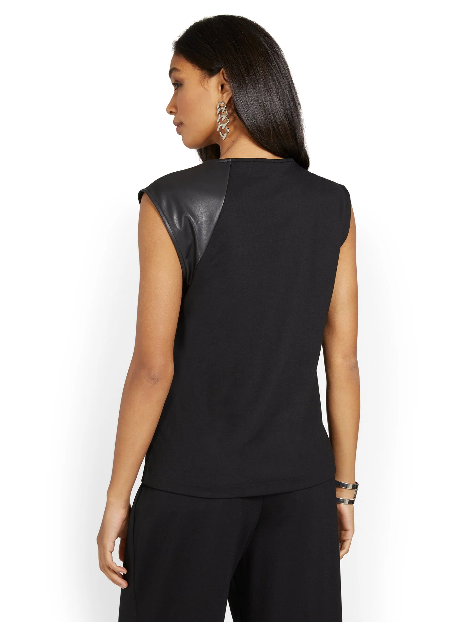 Faux-Leather Accent Cap-Sleeve Top - Image 3