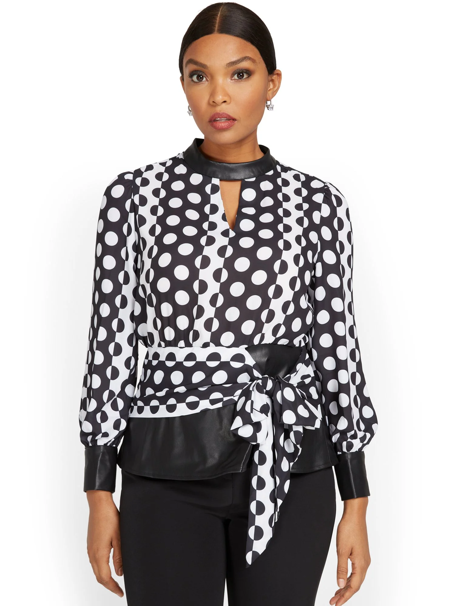 Faux-Leather Accent Dot-Detail Blouse