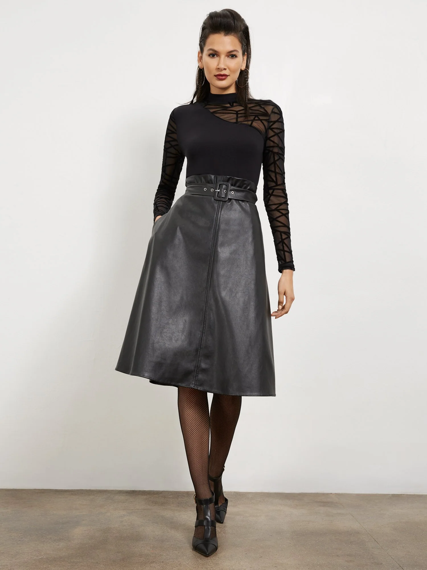 Faux-Leather Belted Flare Skirt - Image 2