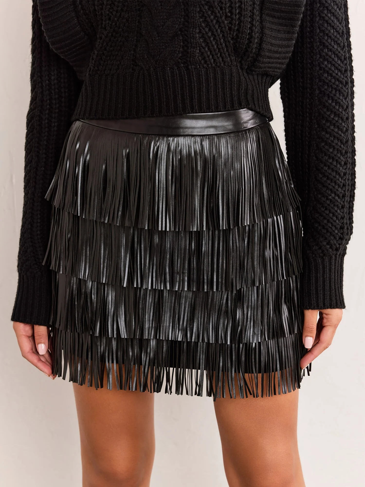 Faux Leather Fringe Mini Skirt - Endless Rose - Image 2