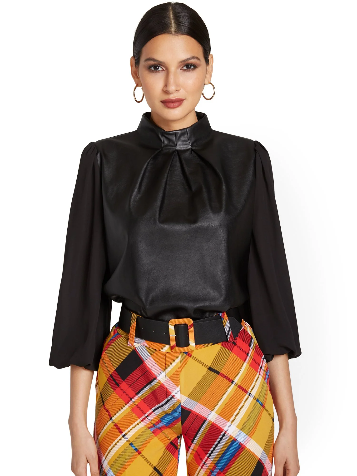 Faux-Leather Mock-Neck Blouse - Image 2