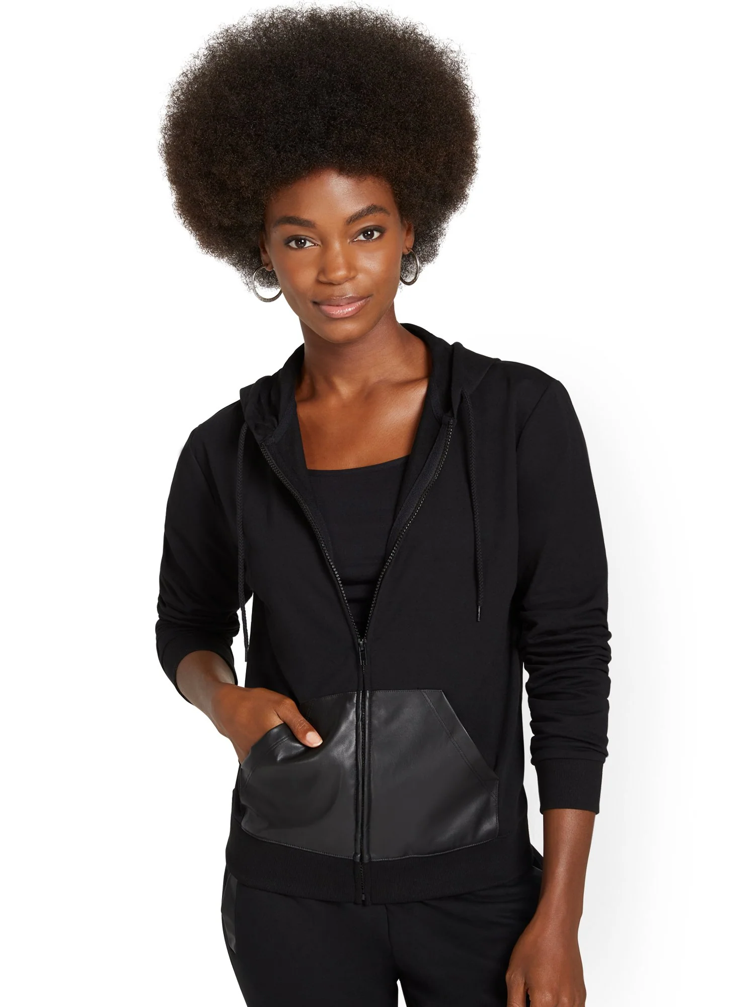 Faux-Leather Pocket French Terry Hoodie