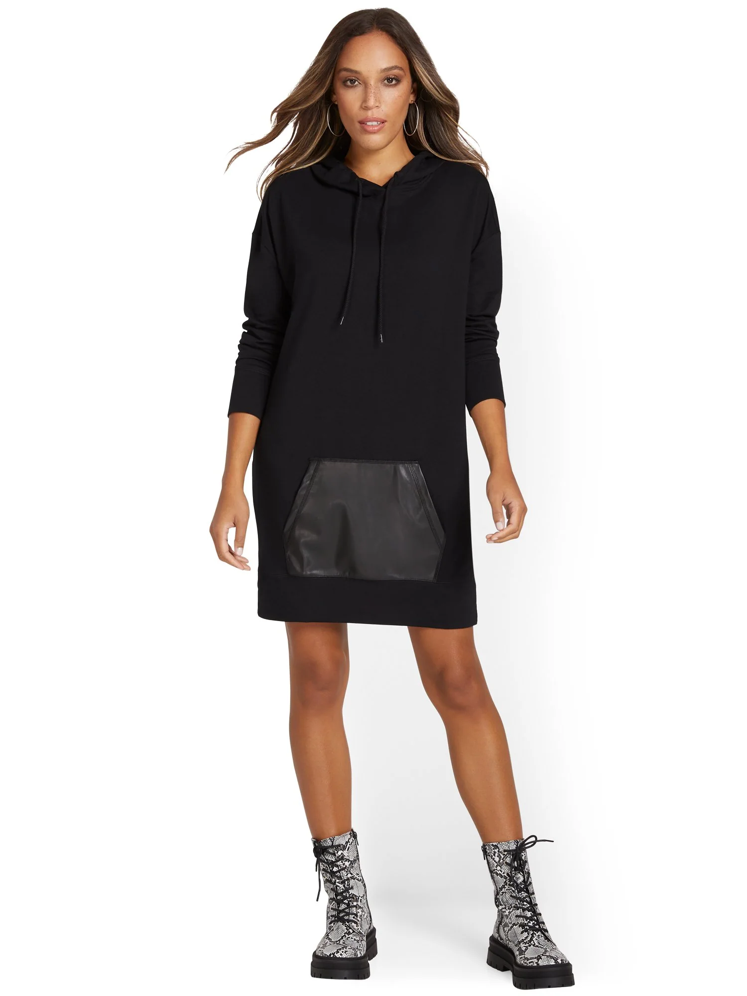 Faux-Leather Pocket Hoodie Dress