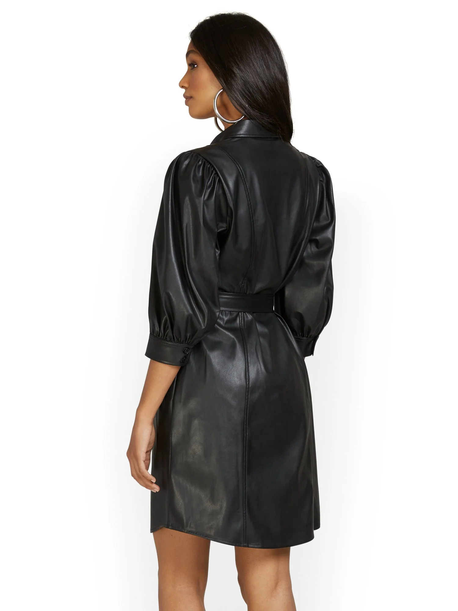 Faux-Leather Puff-Sleeve Shirtdress - Image 3