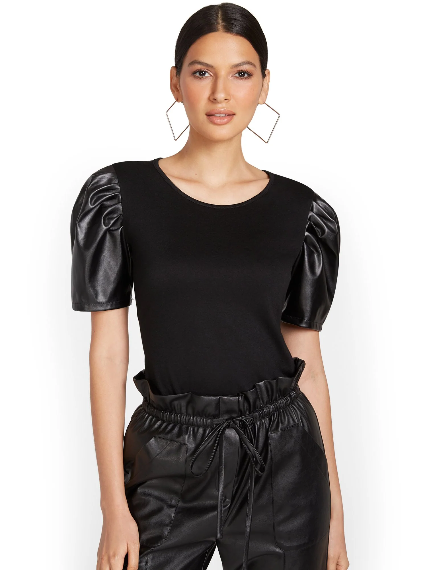 Faux-Leather Ruched Sleeve Top - Image 2