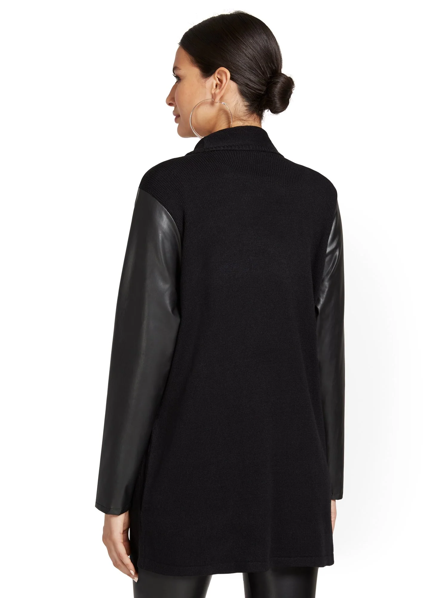 Faux-Leather Sleeve Cowl Cardigan - Image 3