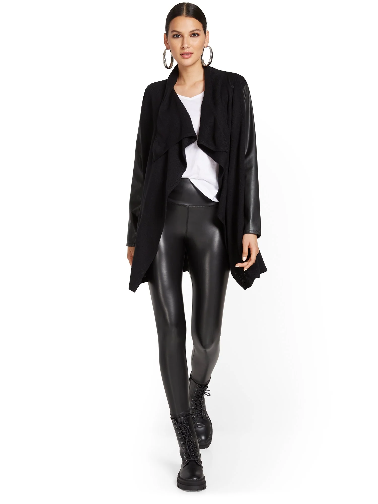 Faux-Leather Sleeve Cowl Cardigan - Image 4