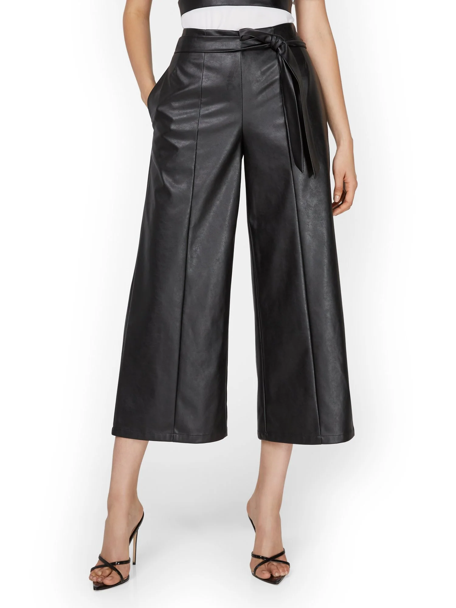 Faux-Leather Tie-Waist Wide-Leg Capri Pant - Image 2