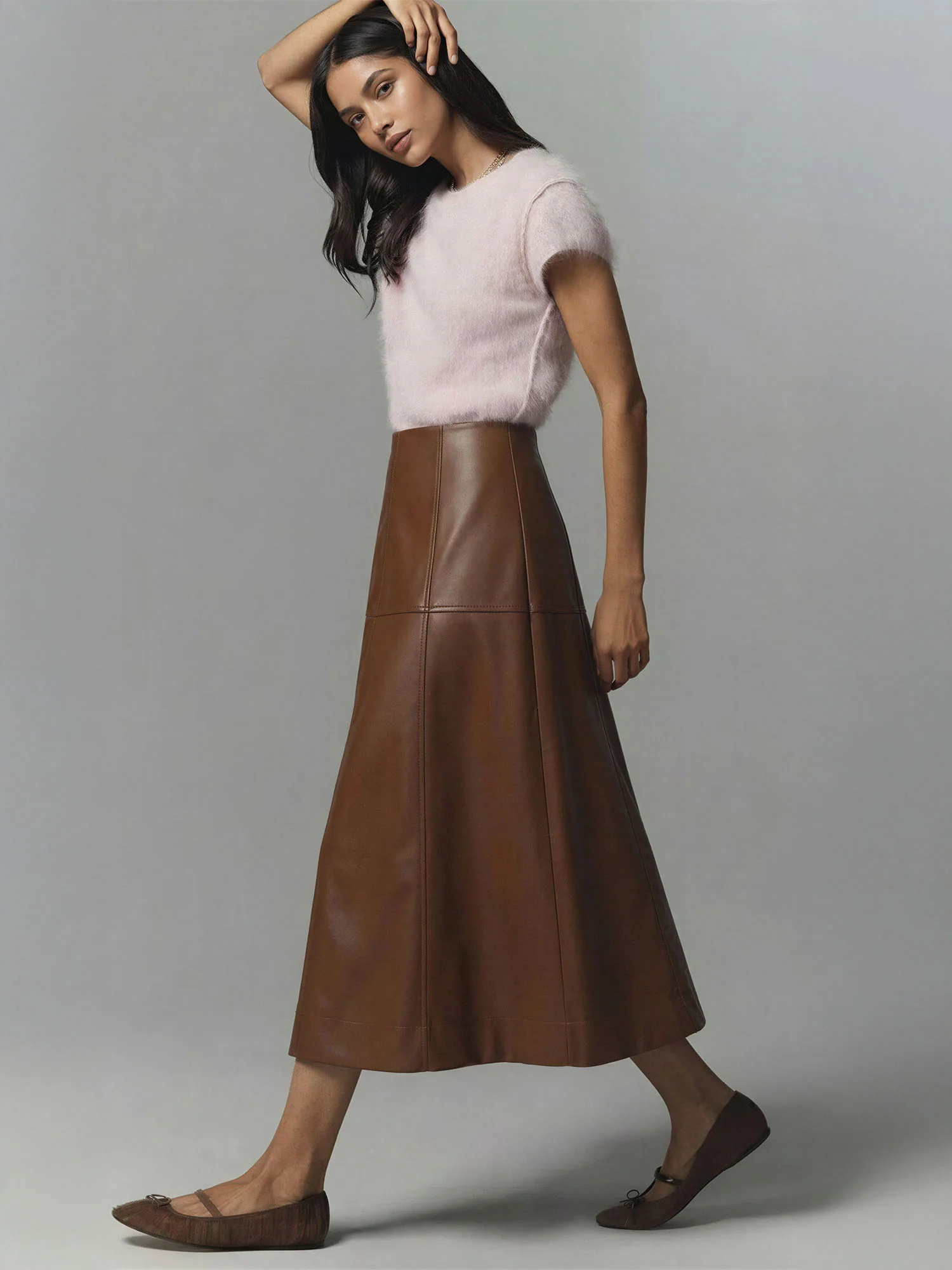 Faux Leather Top Stitched Midi Skirt - Image 6